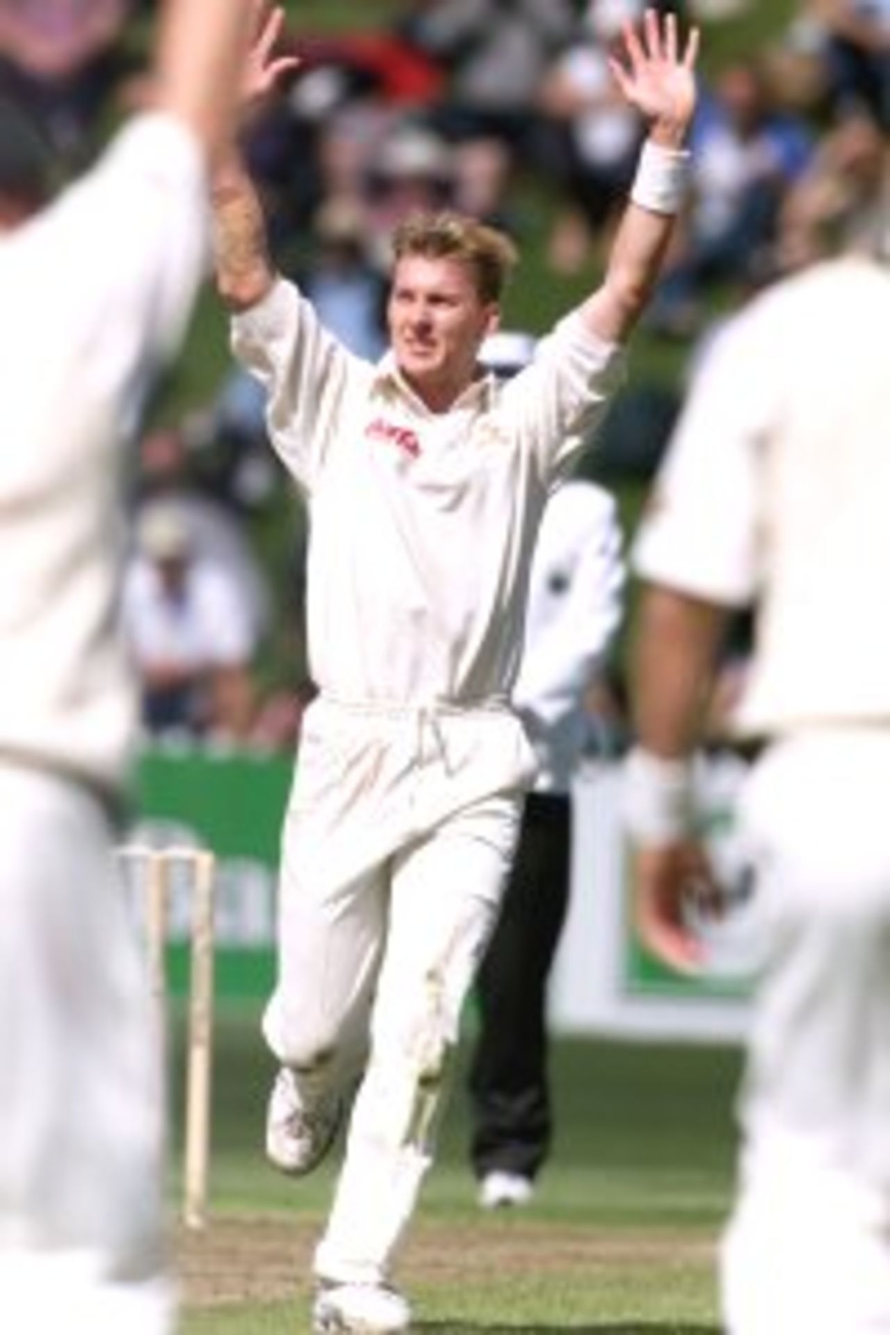 24 Mar 2000: Brett Lee of Australia celebrates the wicket of Craig McMillan of New Zealand, during day one of the second test between New Zealand and Australia at the Basin Reserve, Wellington, New Zealand.