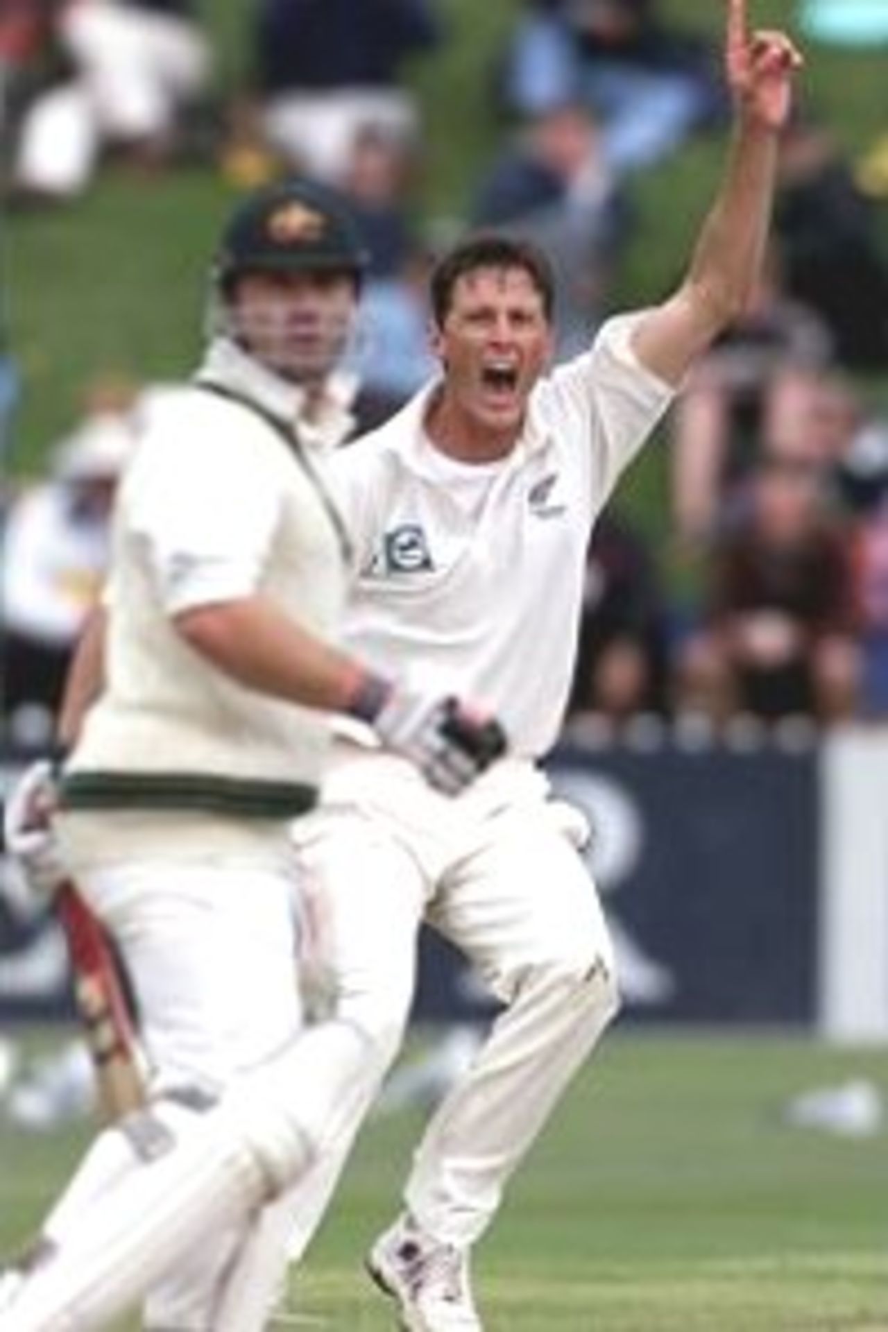 25 Mar 2000: Shayne O'Connor of New Zealand unsuccessfully appeals for LBW against Michael Slater of Australia, during day two of the second test between New Zealand and Australia at the Basin Reserve, Wellington, New Zealand.