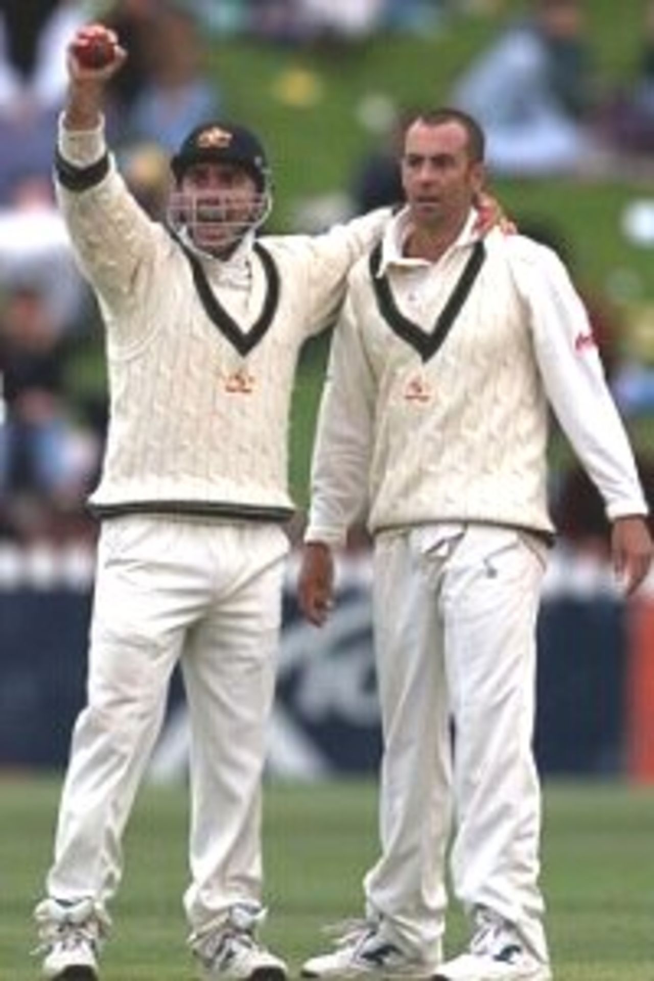 26 Mar 2000: Justin Langer and Colin Miller of Australia can not believe an appeal for a catch off Chris Cairns of New Zealand is given not out, during day three of the second test between New Zealand and Australia at the Basin Reserve, Wellington, New Zealand.