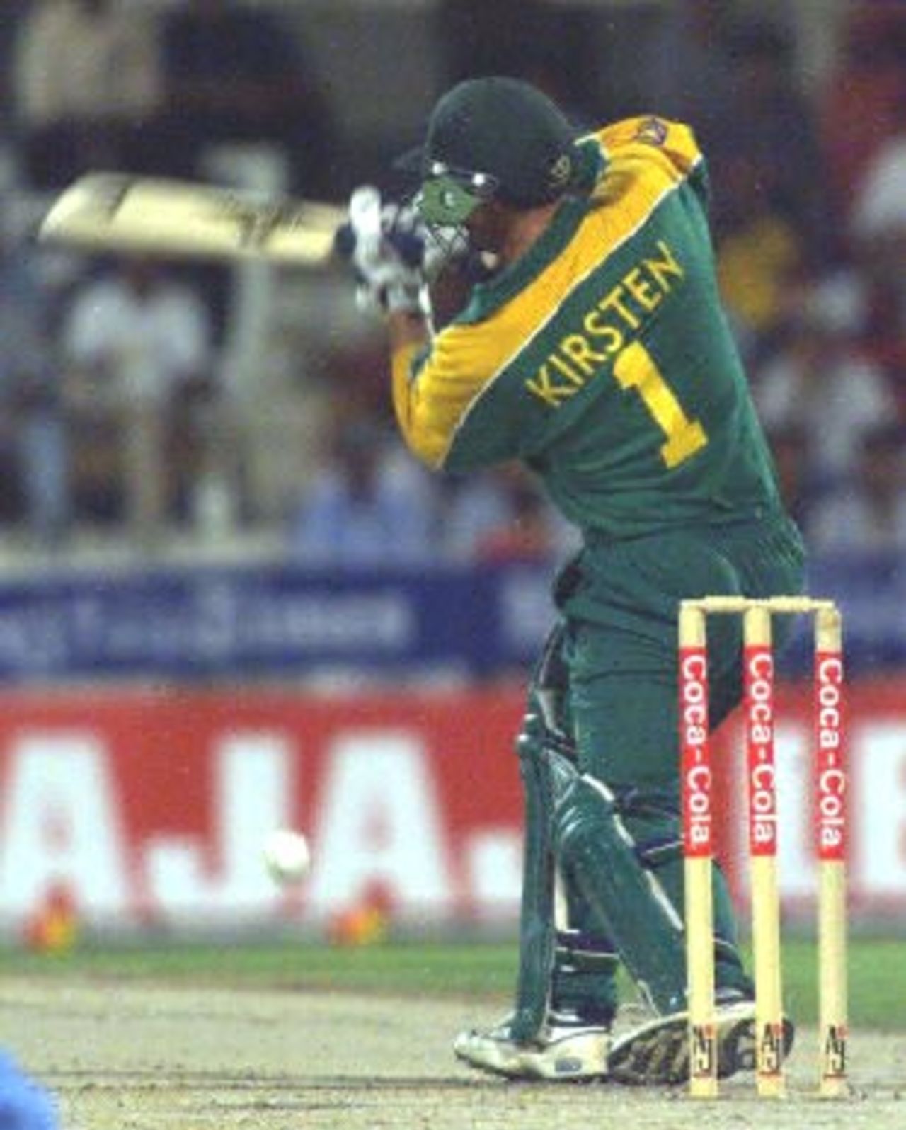 South African Gary Kirsten bats in action against India at the three-nation, Sharjah Cup, 27 March 2000.