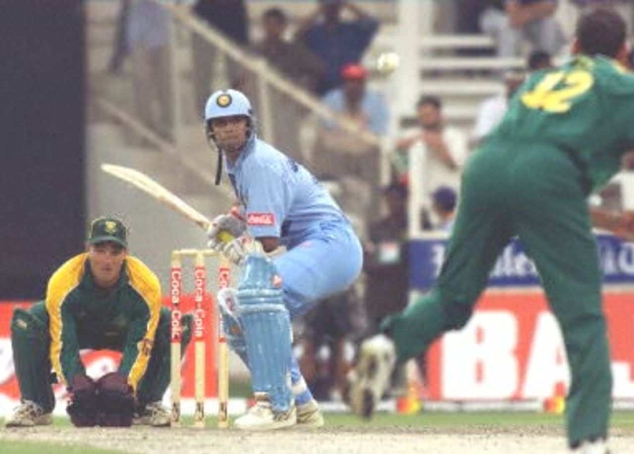 Indian batsman Rahul Dravid in action at the three-nation Sharjah Cup, 27 March 2000. India were facing elimination from the cup after being shot out for 164 by South Africa.