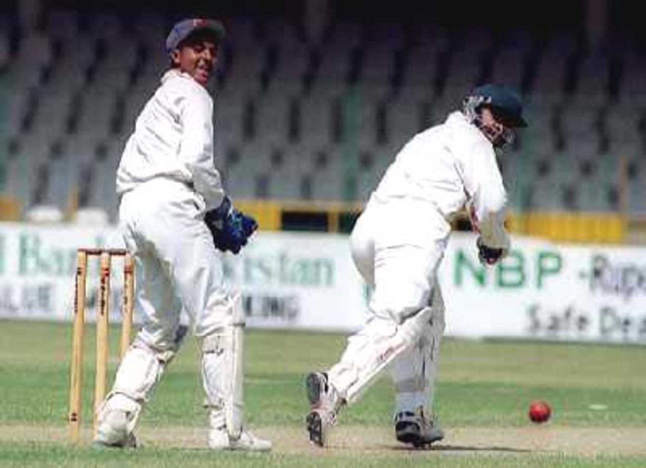 Left-hander Akhtar Sarfaraz of NBP plays one to the fine-leg boundary , NBP Vs KCCA at Gaddafi Stadium, Lahore,27 March 2000.