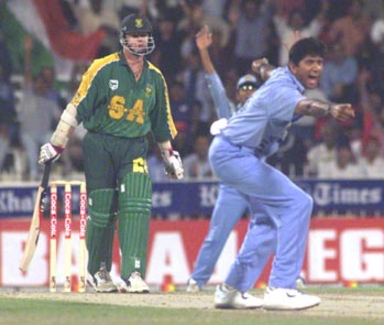 Lance Klusener is out first ball LBW of the bowling of Prasad, India v South Africa, Coca-Cola Cup 1999/00, Sharjah C.A. Stadium, 27 March 2000