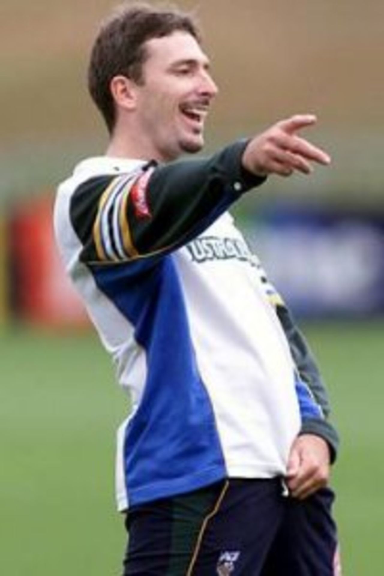 30 Mar 2000: Damien Fleming of Australia enjoys himself, during training at WestpacTrust Park, Hamilton, New Zealand.