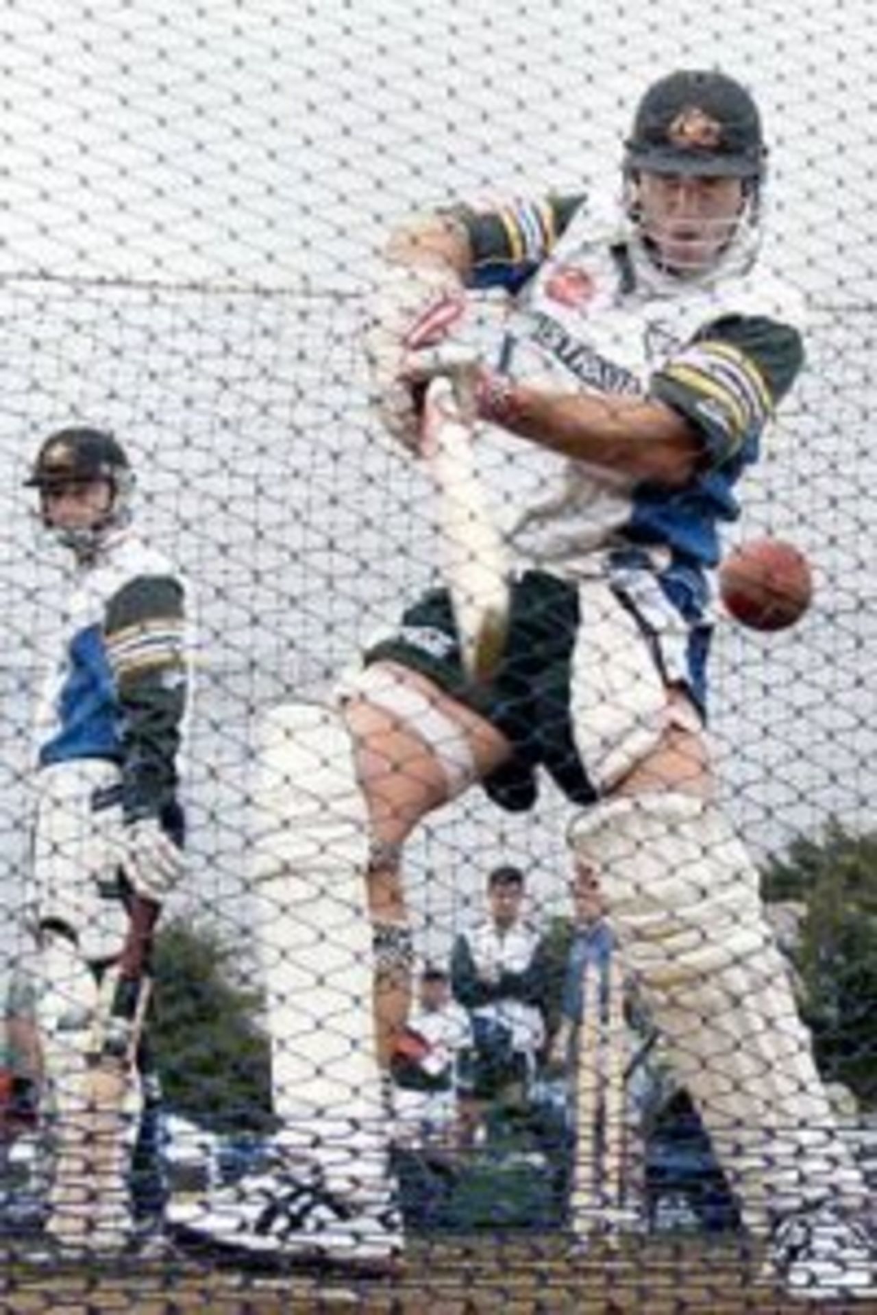 30 Mar 2000: Matthew Hayden of Australia batting in the nets, with captain Steve Waugh looking on, Matthew Hayden has been brought back into the Australian team at the expense of Blewett, during training at WestpacTrust Park, Hamilton, New Zealand.