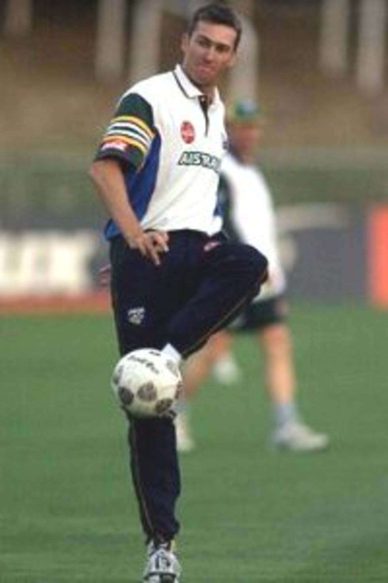29 Mar 2000: Glenn McGrath of Australia kicks forward, as Australia play a friendly soccer game, at WestpacTrust Park, Hamilton, New Zealand.