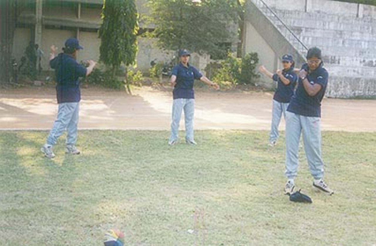 Air India women tune up for the CricInfo Rani Jhansi Trophy with some physical training, University Union Ground Chennai, 30 March 2000.