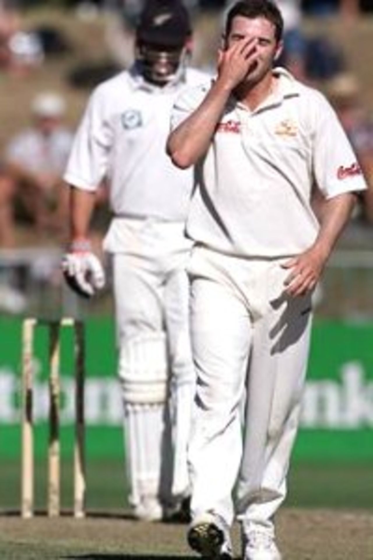 31 Mar 2000: Damien Martyn of Australia, cannot believe his bad luck after a near miss bowling to Chris Cairns of New Zealand, during day one of the third test between New Zealand and Australia, at WestpacTrust Park, Hamilton, New Zealand.