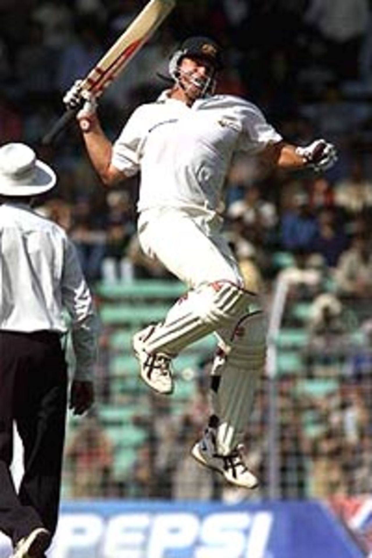 1 Mar 2001: Matthew Hayden of Australia leaps for joy as Australia wins the test by 10 wickets, during day three of the first test between India and Australia, played Wankhede Stadium, Mumbai, India.