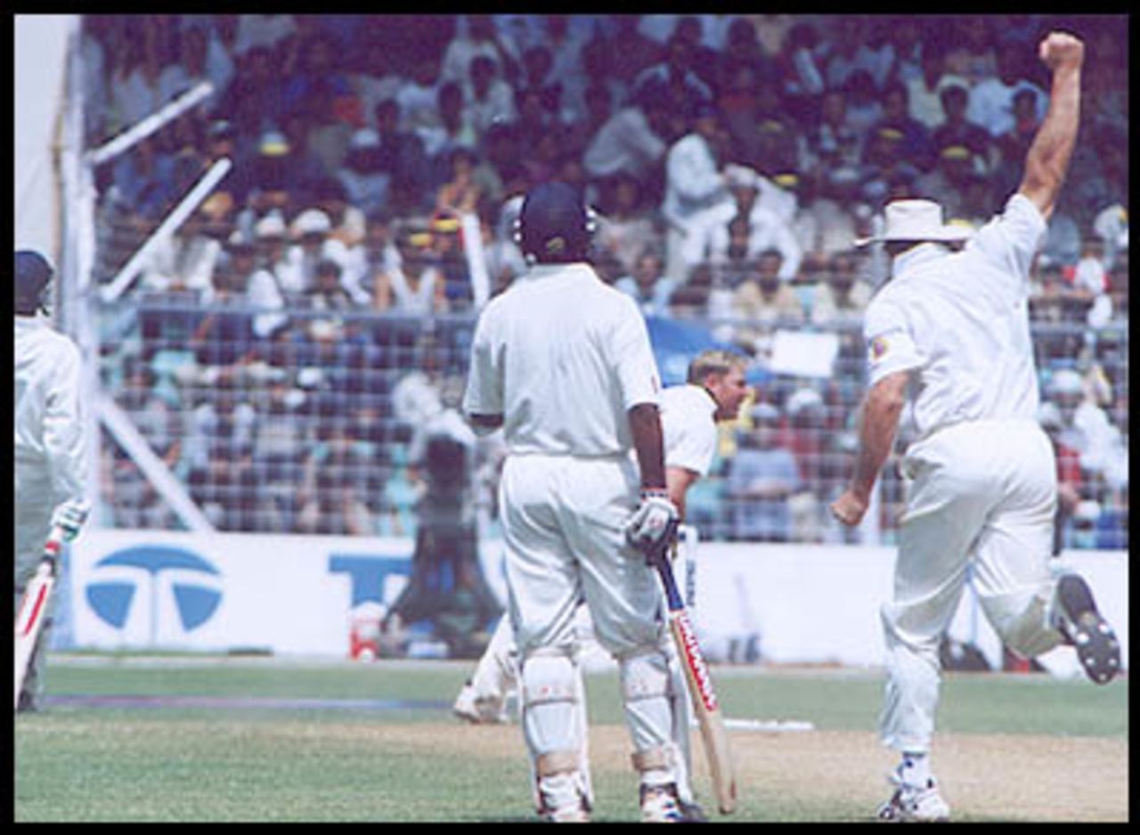 The wicket is down at the bowler's end and it's curtains for Ganguly. Australia in India, 2000/01, 1st Test, India v Australia, Wankhede Stadium, Mumbai, 27Feb-01March 2001 (Day 3).