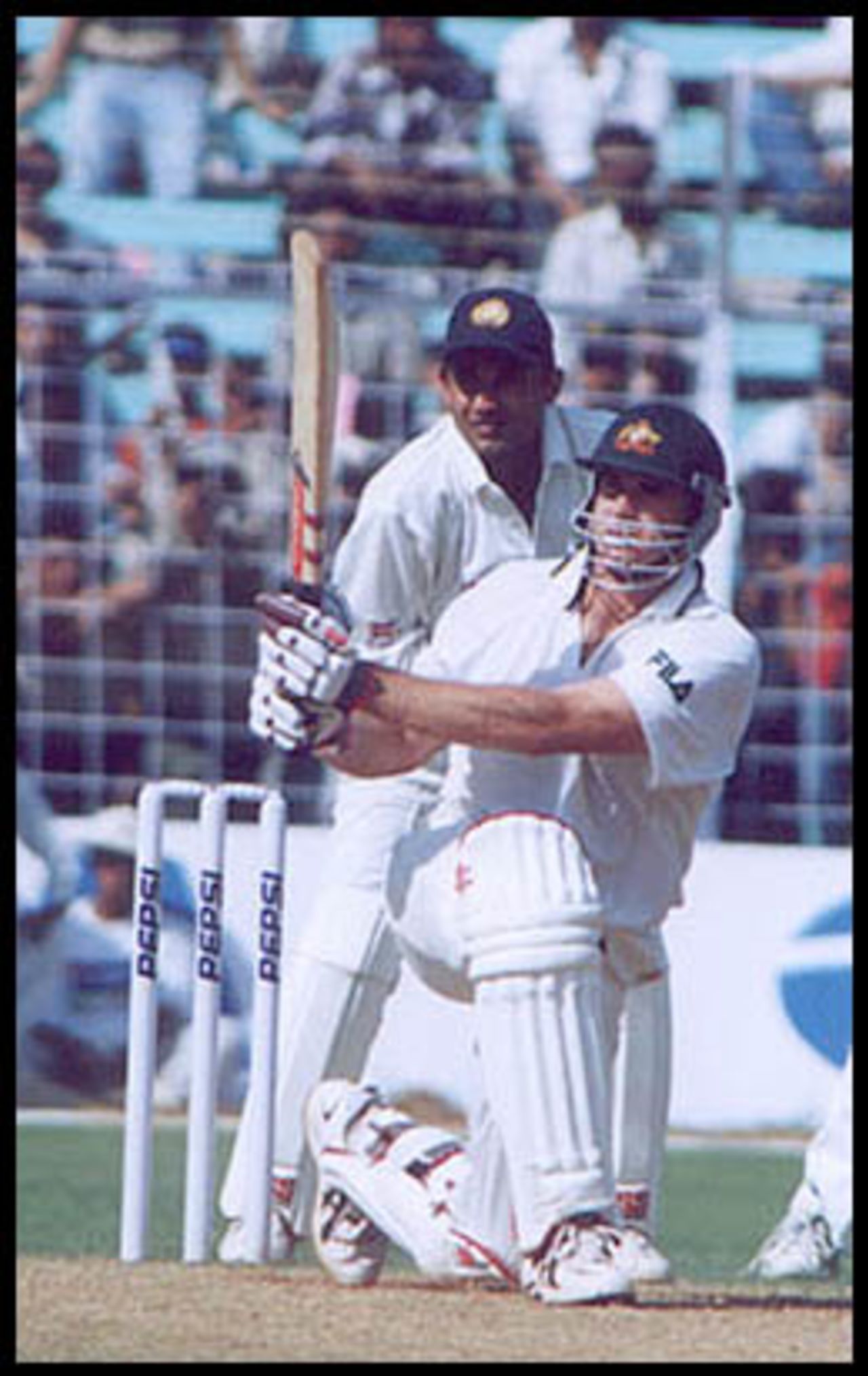 Hayden swings one away to leg in Australia's brief runchase. Australia in India, 2000/01, 1st Test, India v Australia, Wankhede Stadium, Mumbai, 27Feb-01March 2001 (Day 3).