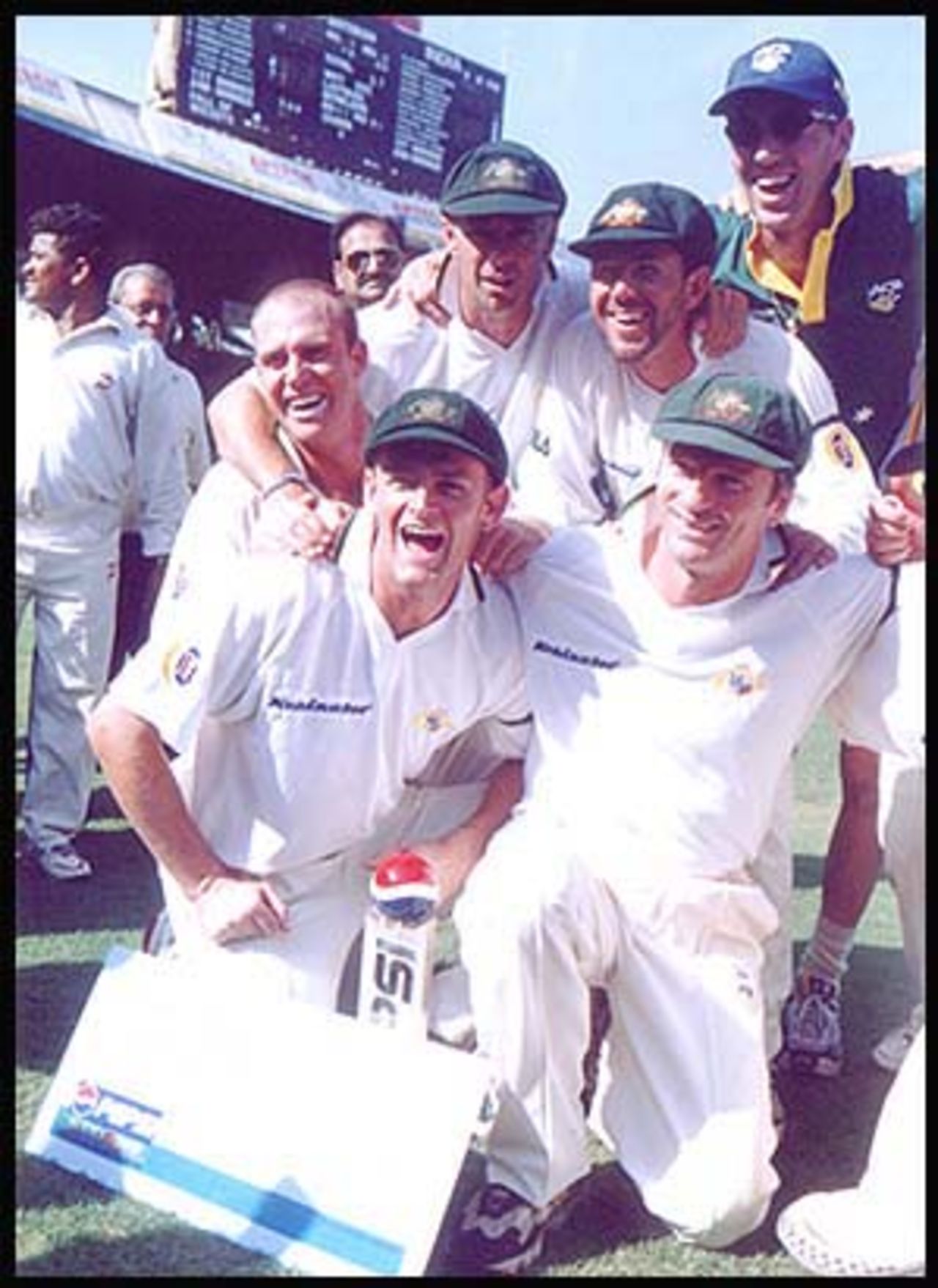 The Aussies can't stop smiling. Australia in India, 2000/01, 1st Test, India v Australia, Wankhede Stadium, Mumbai, 27Feb-01March 2001 (Day 3).