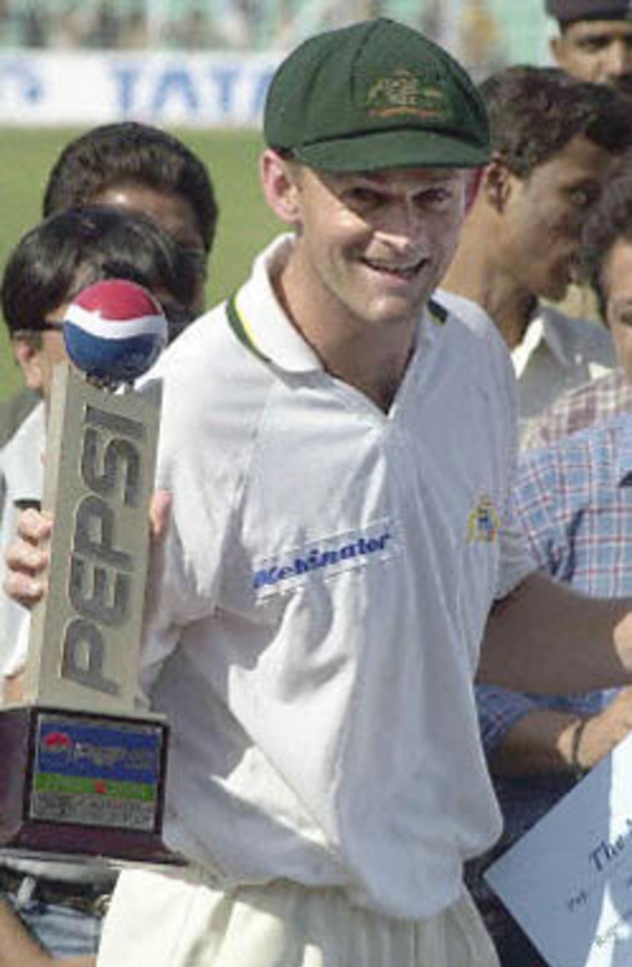 Australian player is all smiles while displaying his Man of the Match trophy at the end of the first test match on the third day between India and Australia at the Wankhade Stadium in Bombay 01 March 2001. Australia beat India by 10 wickets.