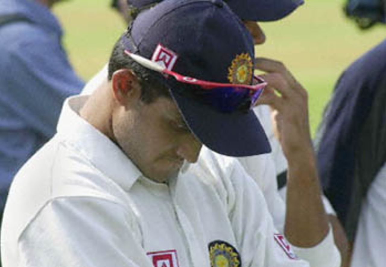 A dejected Sourav Ganguly, captain of Indian team looks downwards during the prize distribution at the end of the first test match between India and Australia at the Wankhade Stadium in Bombay 01 March 2001. Australia beat India by 10 wickets.