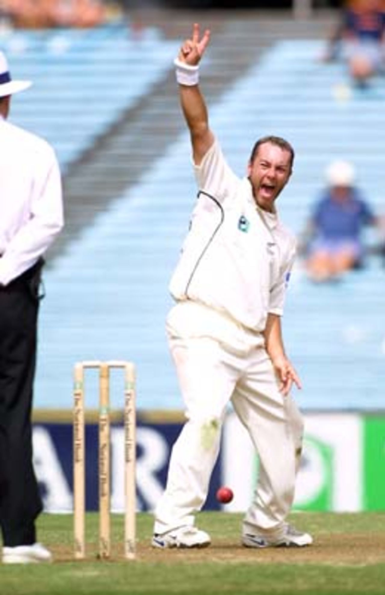 New Zealand medium fast bowler Craig McMillan appeals unsuccessfully for leg before wicket against Pakistan batsman Misbah-ul-Haq to umpire Russell Tiffin. Misbah-ul-Haq was later dismissed by McMillan, caught by Mathew Sinclair at gully for 28. 1st Test: New Zealand v Pakistan at Eden Park, Auckland, 8-12 March 2001 (8 March 2001).