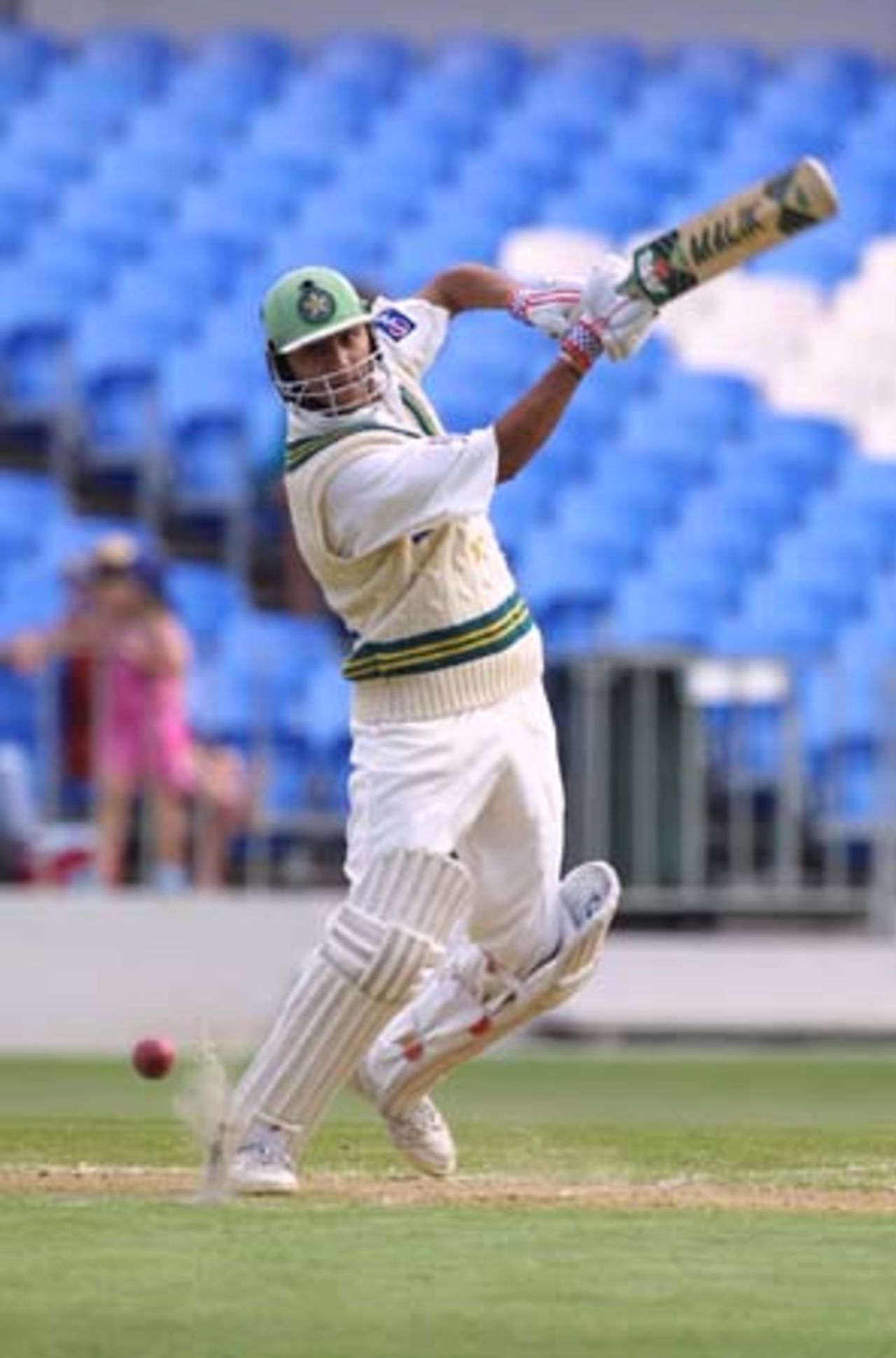 Debutant Pakistan batsman Faisal Iqbal cuts through point during his innings. Faisal ended the first day's play on 42 not out. 1st Test: New Zealand v Pakistan at Eden Park, Auckland, 8-12 March 2001 (8 March 2001).
