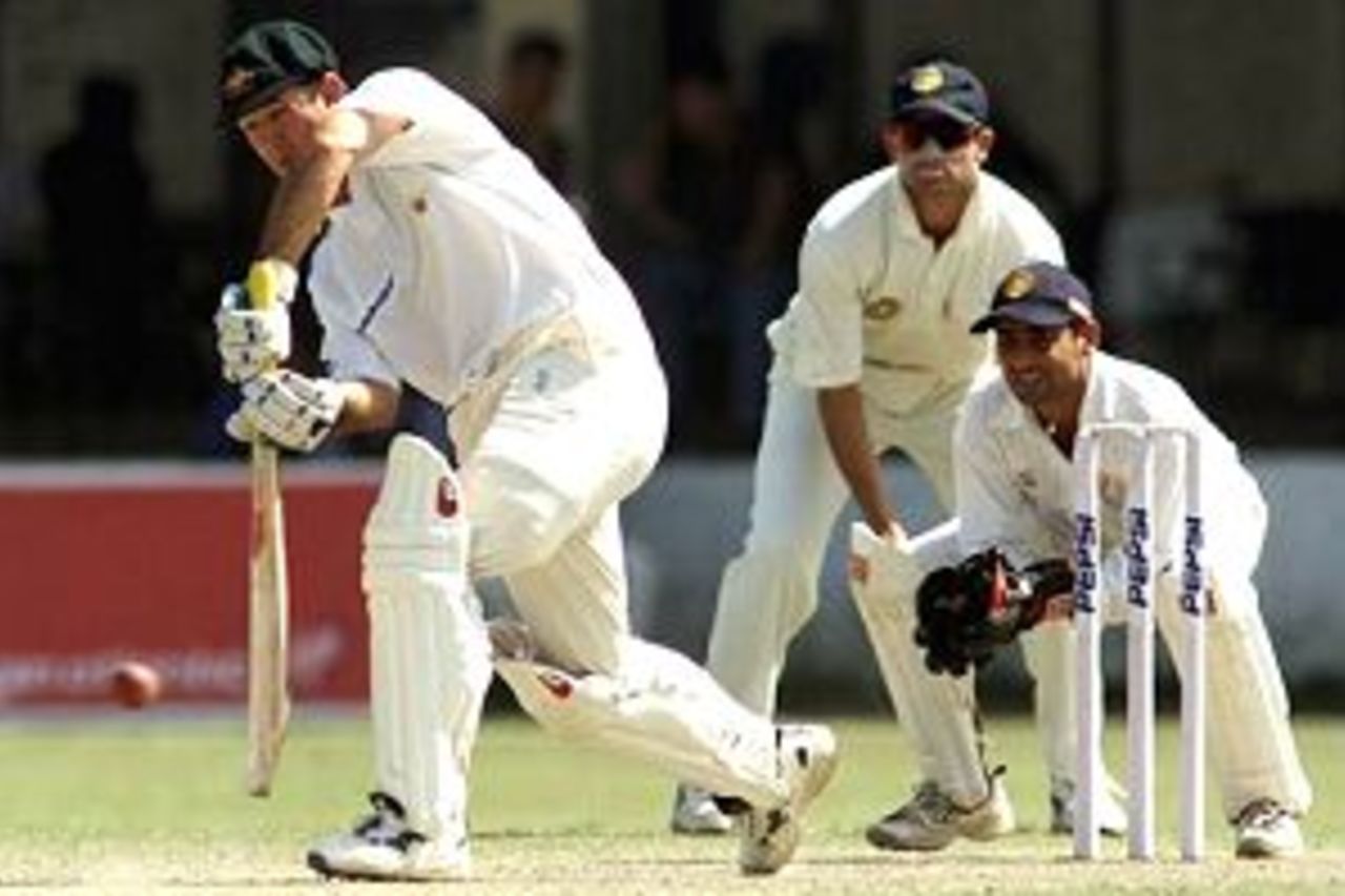 Ricky Ponting of Australia advances down the wicket, during day three of the three day match between the Board President's XI and Australia played at Frazshaha Kotla Ground, New Delhi, India.