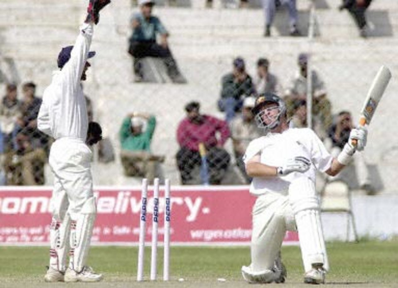 Board President's XI wicketkeeper Vijay Dahiya (L) appeals for a stumping against Australian batsman Mark Waugh (R) during their second innings in New Delhi 08 March 2001. The three-day match between Australia and India's Board President's XI is heading towards a draw.