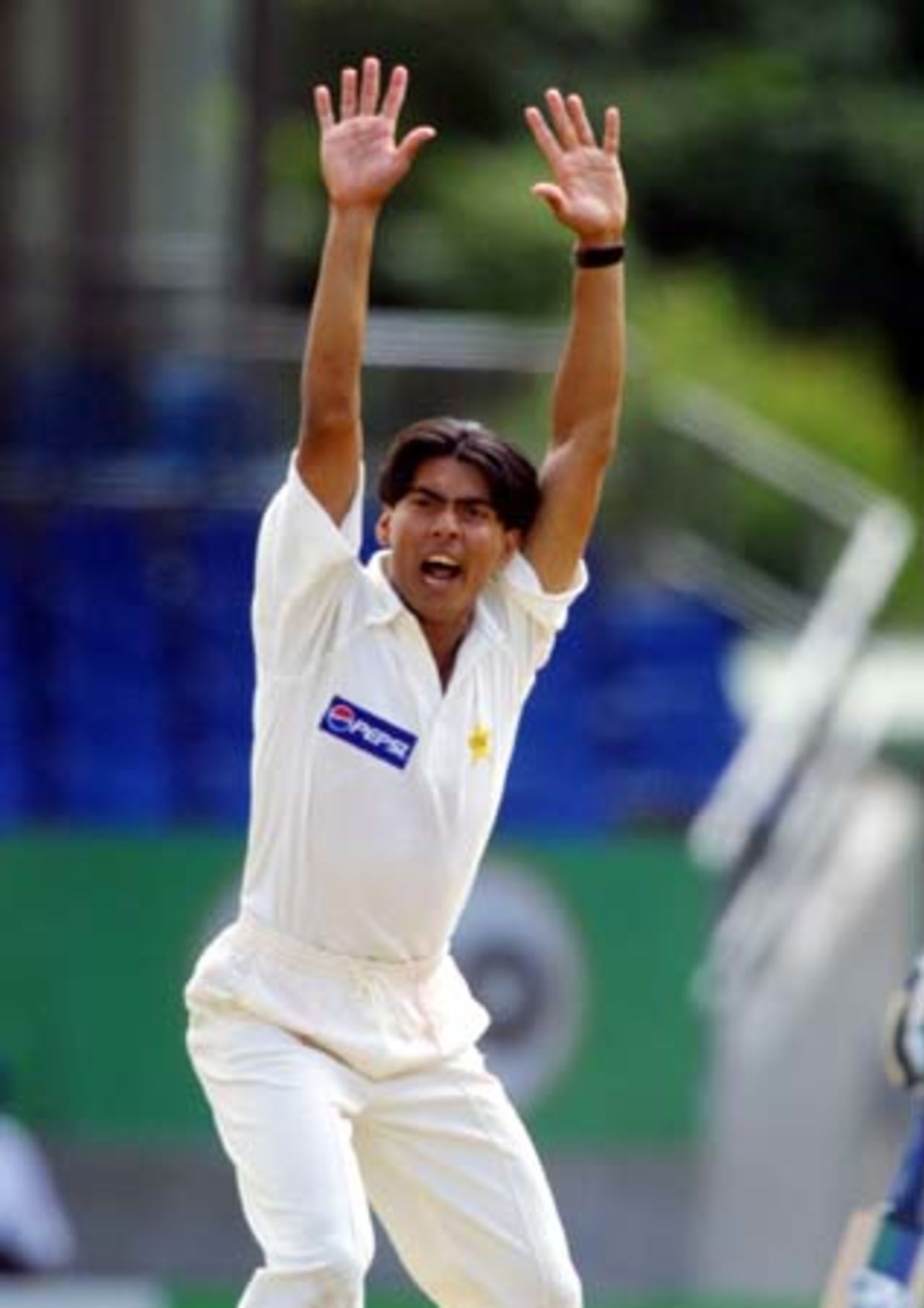 Debutant Pakistan fast bowler Mohammed Sami unsuccessfully appeals for a wicket. 1st Test: New Zealand v Pakistan at Eden Park, Auckland, 8-12 March 2001 (10 March 2001).
