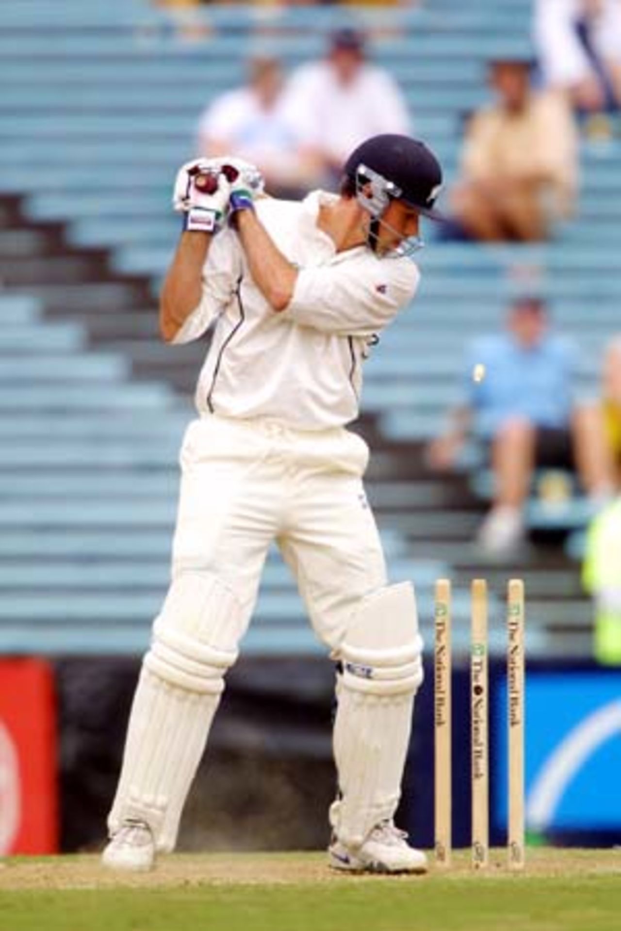 New Zealand batsman Stephen Fleming looks back after dragging an inside edge on to the stumps, to see he is bowled by Pakistan off spinner Saqlain Mushtaq for 86. 1st Test: New Zealand v Pakistan at Eden Park, Auckland, 8-12 March 2001 (10 March 2001).