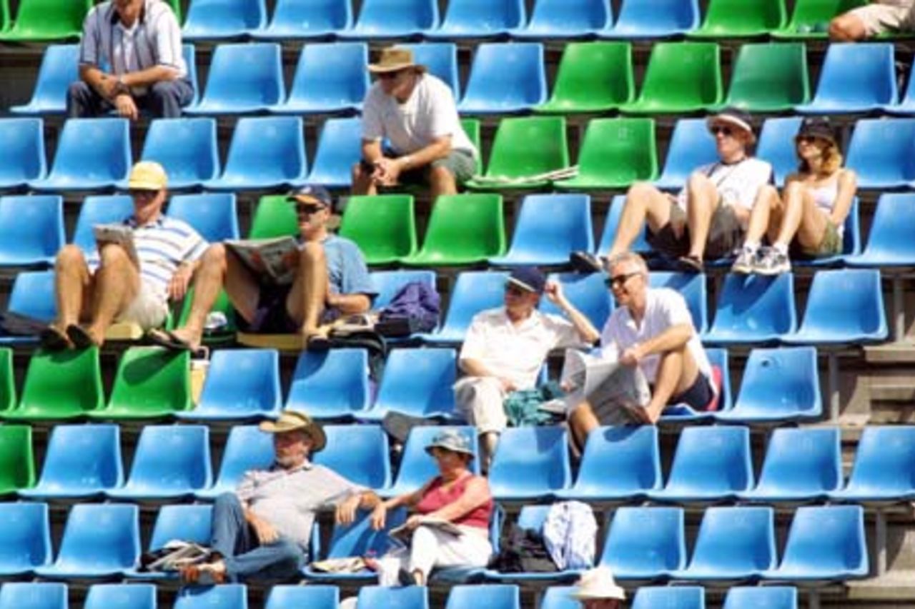 Spectators dot themselves around the West Stand, with just 3003 people attending the third day's play. 1st Test: New Zealand v Pakistan at Eden Park, Auckland, 8-12 March 2001 (10 March 2001).