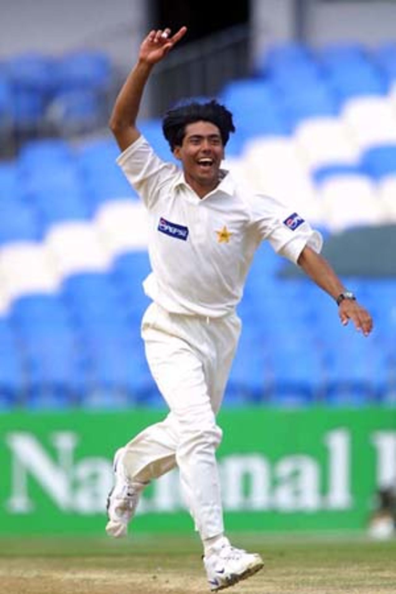 Debutant Pakistan bowler Mohammad Sami celebrates another New Zealand wicket. Sami took 5-36 in New Zealand's second innings for a match haul of 8-106 to earn the Man of the Match award. 1st Test: New Zealand v Pakistan at Eden Park, Auckland, 8-12 March 2001 (12 March 2001).
