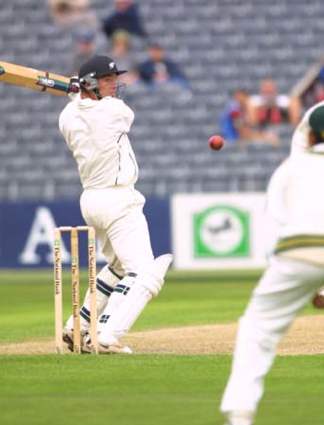 New Zealand batsman Craig McMillan unsuccessfully attempts to cut a ball in his first innings to be dismissed by Fazl-e-Akbar, caught by Younis Khan at second slip for 20. 2nd Test: New Zealand v Pakistan at Jade Stadium, Christchurch, 15-19 March 2001 (16 March 2001).