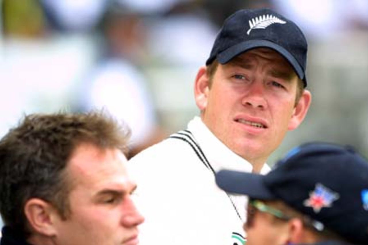 New Zealand 12th man Jacob Oram looks on from beyond the boundary. Oram has yet to make his Test debut. 2nd Test: New Zealand v Pakistan at Jade Stadium, Christchurch, 15-19 March 2001 (16 March 2001).