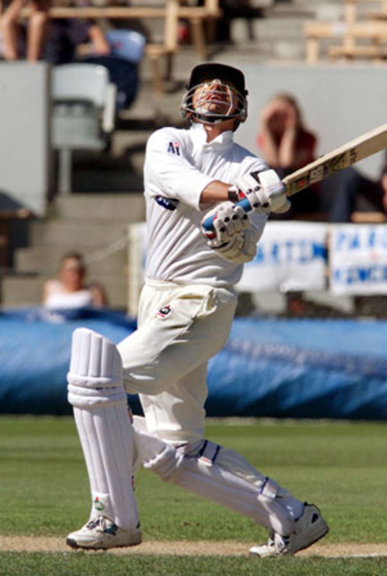 Pakistan lower order batsman Saqlain Mushtaq hooks a ball from New Zealand fast medium bowler Daryl Tuffey over deep backward square leg for six. Saqlain ended the fourth day's play on 98 not out, his highest Test and first-class score. 2nd Test: New Zealand v Pakistan at Jade Stadium, Christchurch, 15-19 March 2001 (18 March 2001).