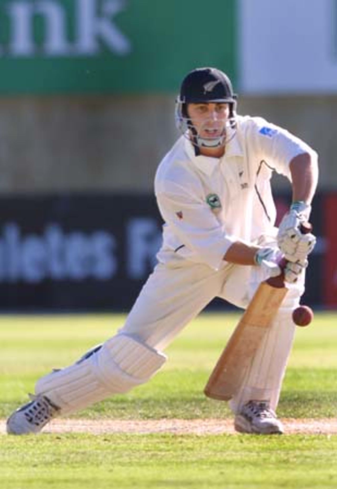 New Zealand batsman Mathew Sinclair defends a ball during his second innings of 50 not out. Sinclair won the man of the match award after also scoring 204 not out in his first innings. 2nd Test: New Zealand v Pakistan at Jade Stadium, Christchurch, 15-19 March 2001 (19 March 2001).