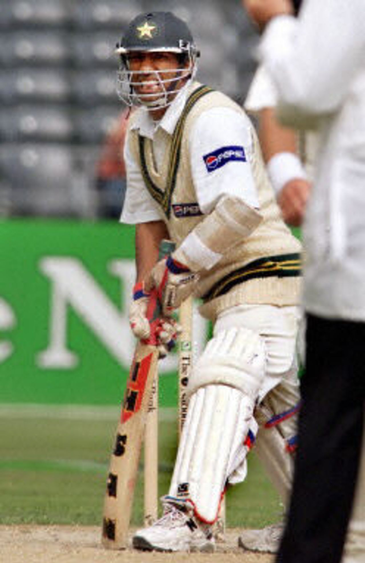 Yousuf Youhana pokes out his tongue after missing a ball on the way to scoring a double century, day 4, 2nd Test at Christchurch, 15-19 March 2001.