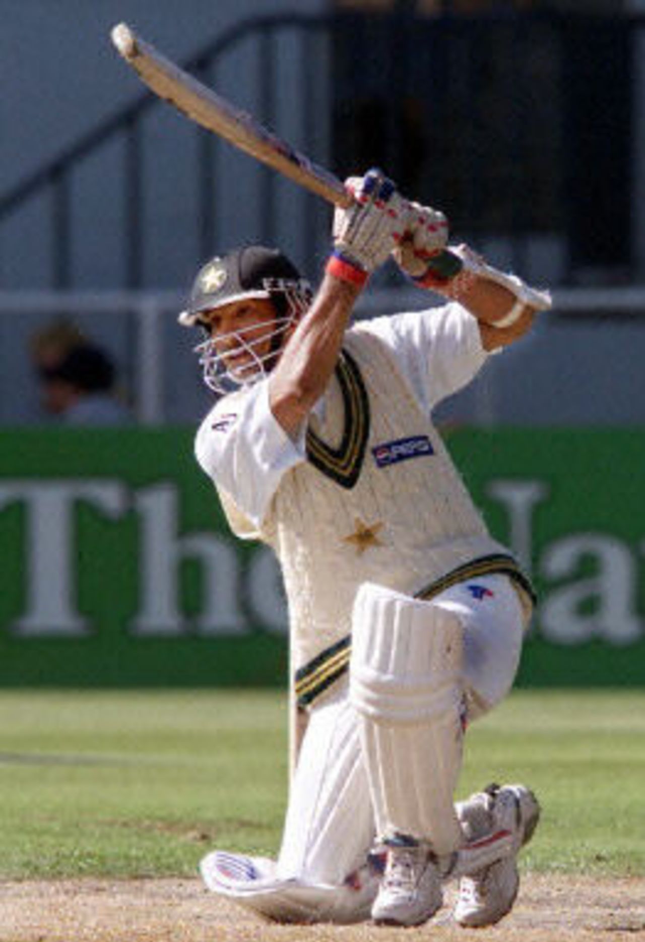 Pakistan batsman Yousuf Youhana crashes a ball through the covers on the way to scoring a double century, day 4, 2nd Test at Christchurch, 15-19 March 2001.