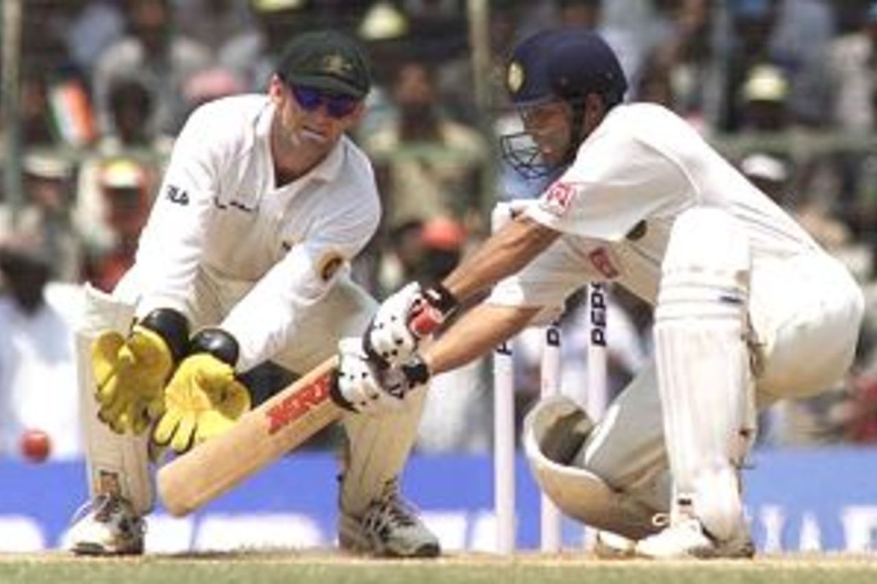 Sachin Tendulkar of India cuts, during day three of the third test between India and Australia at the M.A. Chidambaram Stadium, Chennai, India.