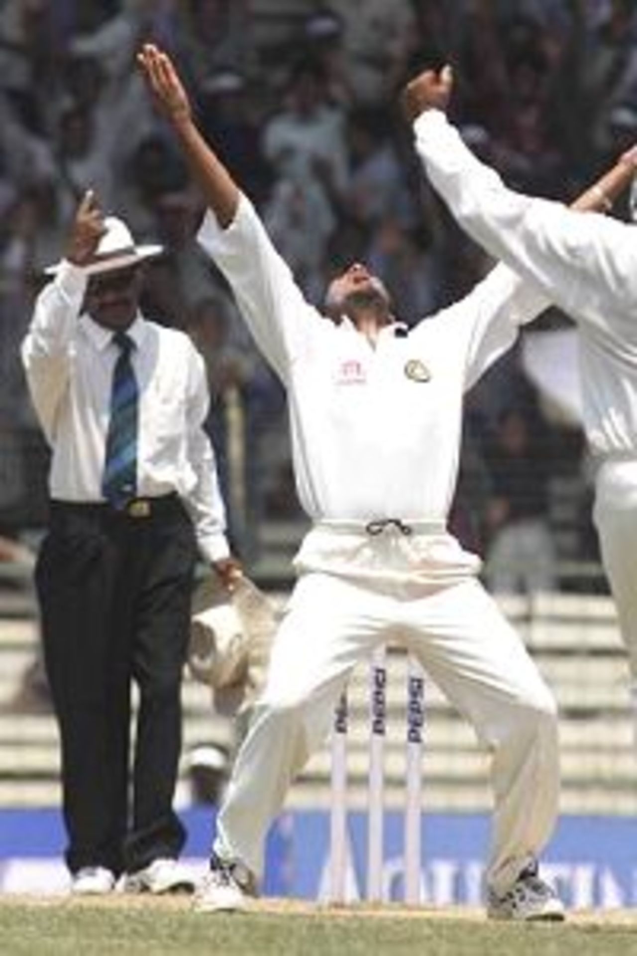 Harbhajan Singh of India celebrates after trapping Adam Gilchrist of Australia LBW for one, during day four of the third test between India and Australia at the M.A. Chidambaram Stadium, Chennai, India.