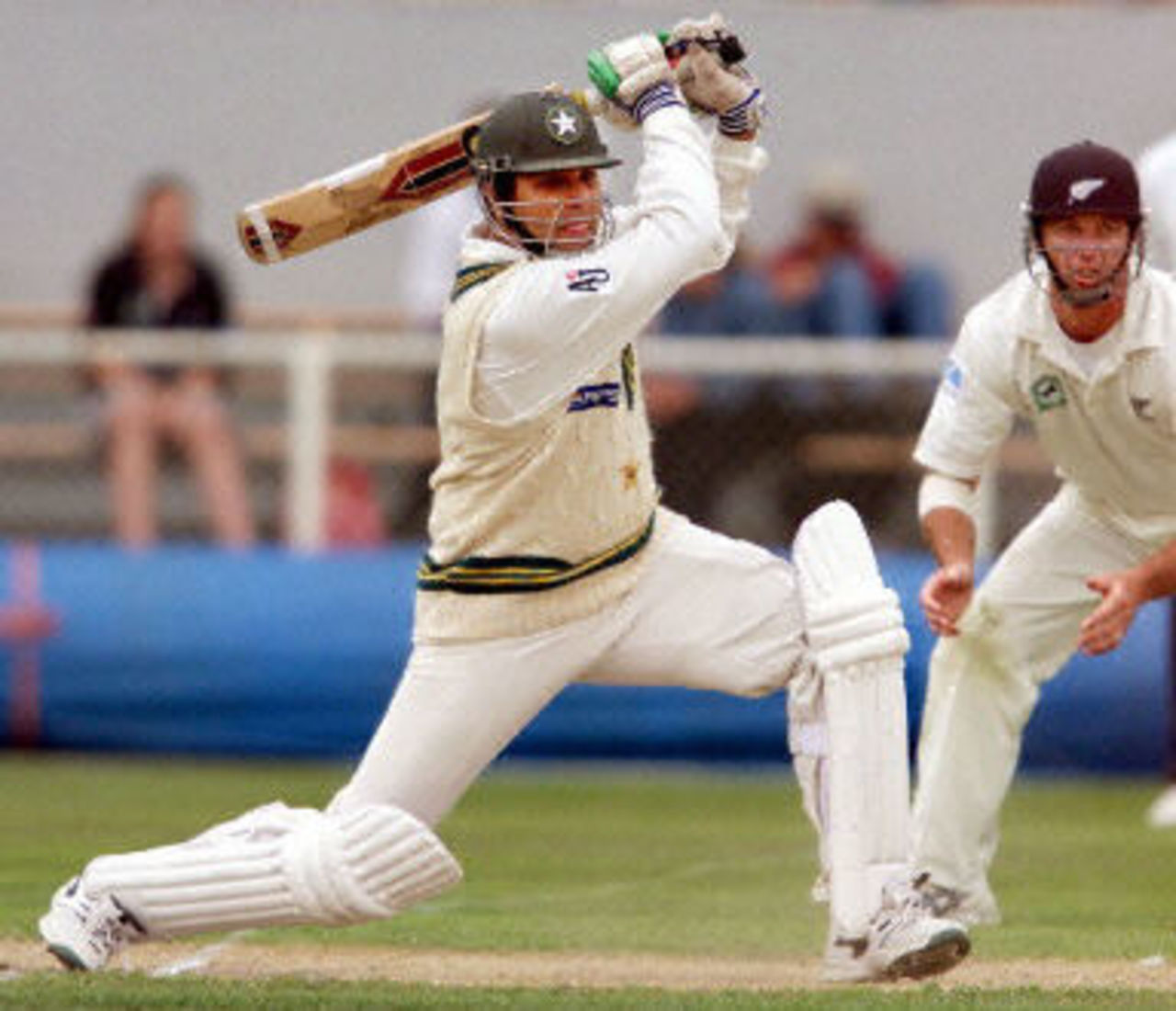 Inzamam-ul-Haq smashes the ball through the covers on the way to scoring his century against New Zealand, day 3, 2nd Test at Christchurch, 15-19 March 2001.
