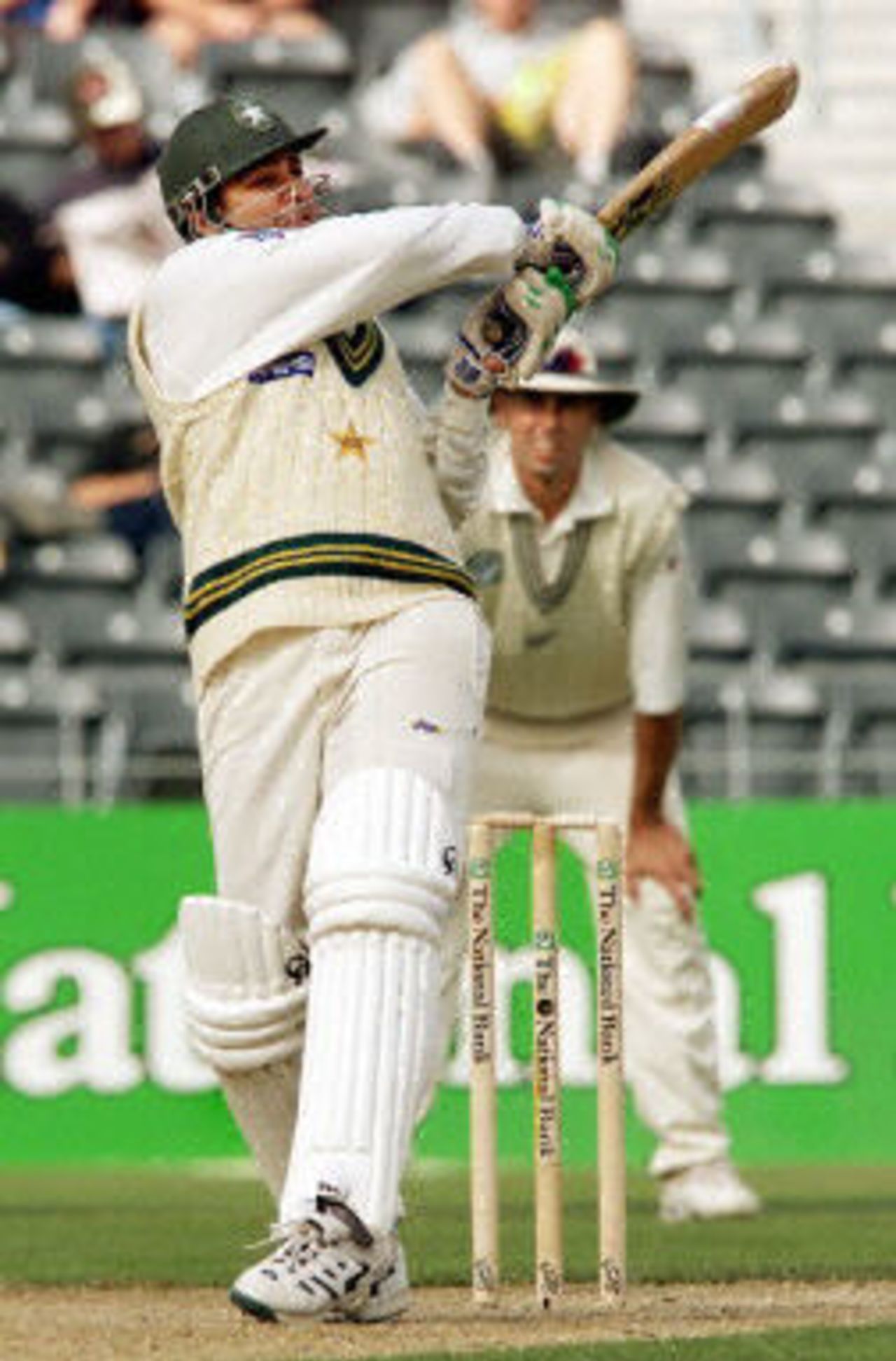 Inzamam-ul-Haq hooks a ball to the boundary on the way to scoring his century against New Zealand, day 3, 2nd Test at Christchurch, 15-19 March 2001.