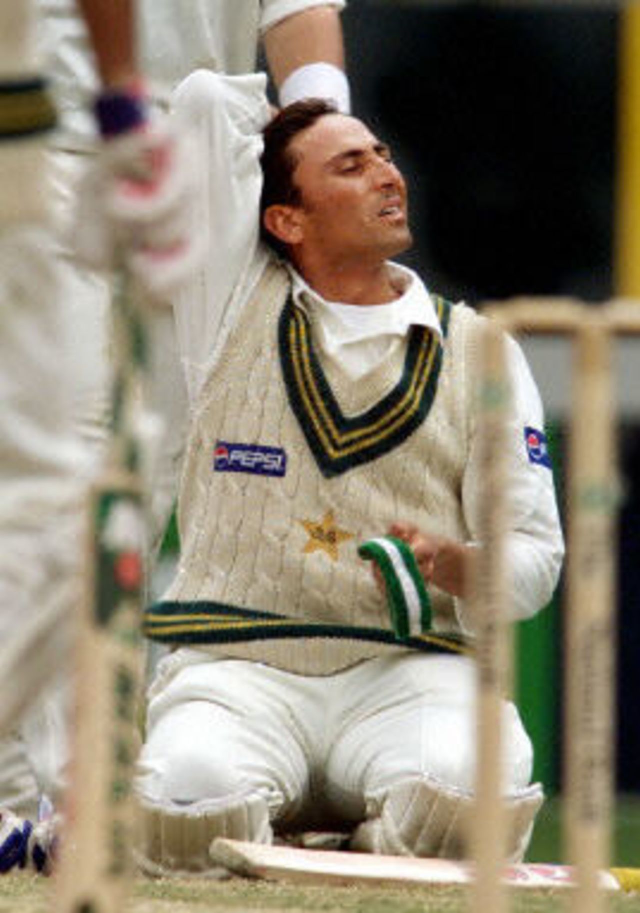 Younis Khan takes a break on the way to scoring his century, day 4, 1st Test at Eden Park in Auckland, 8-12 March 2001.