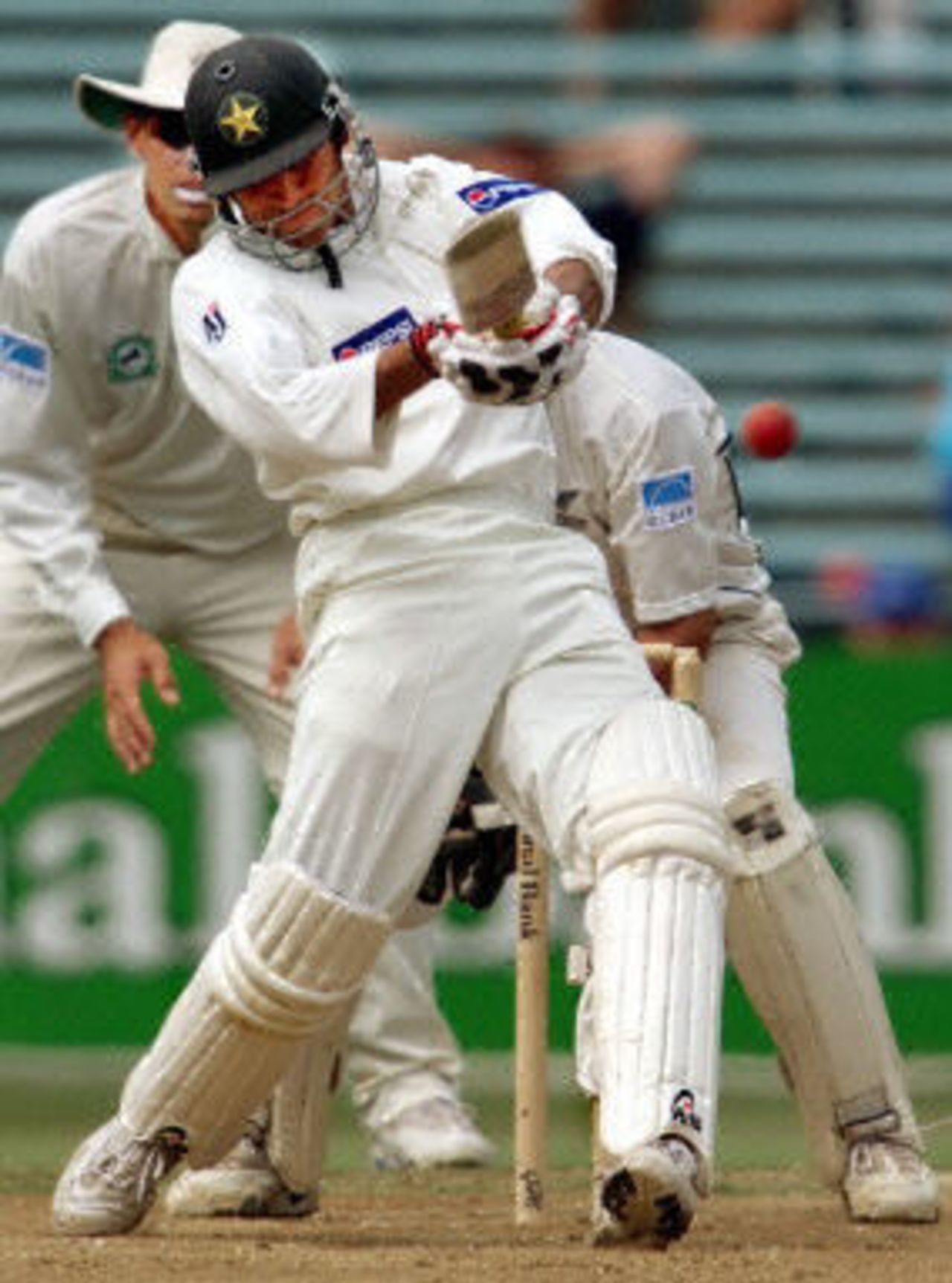 Younis Khan pulls a ball to the boundary on the way to scoring his century, day 4, 1st Test at Eden Park in Auckland, 8-12 March 2001.