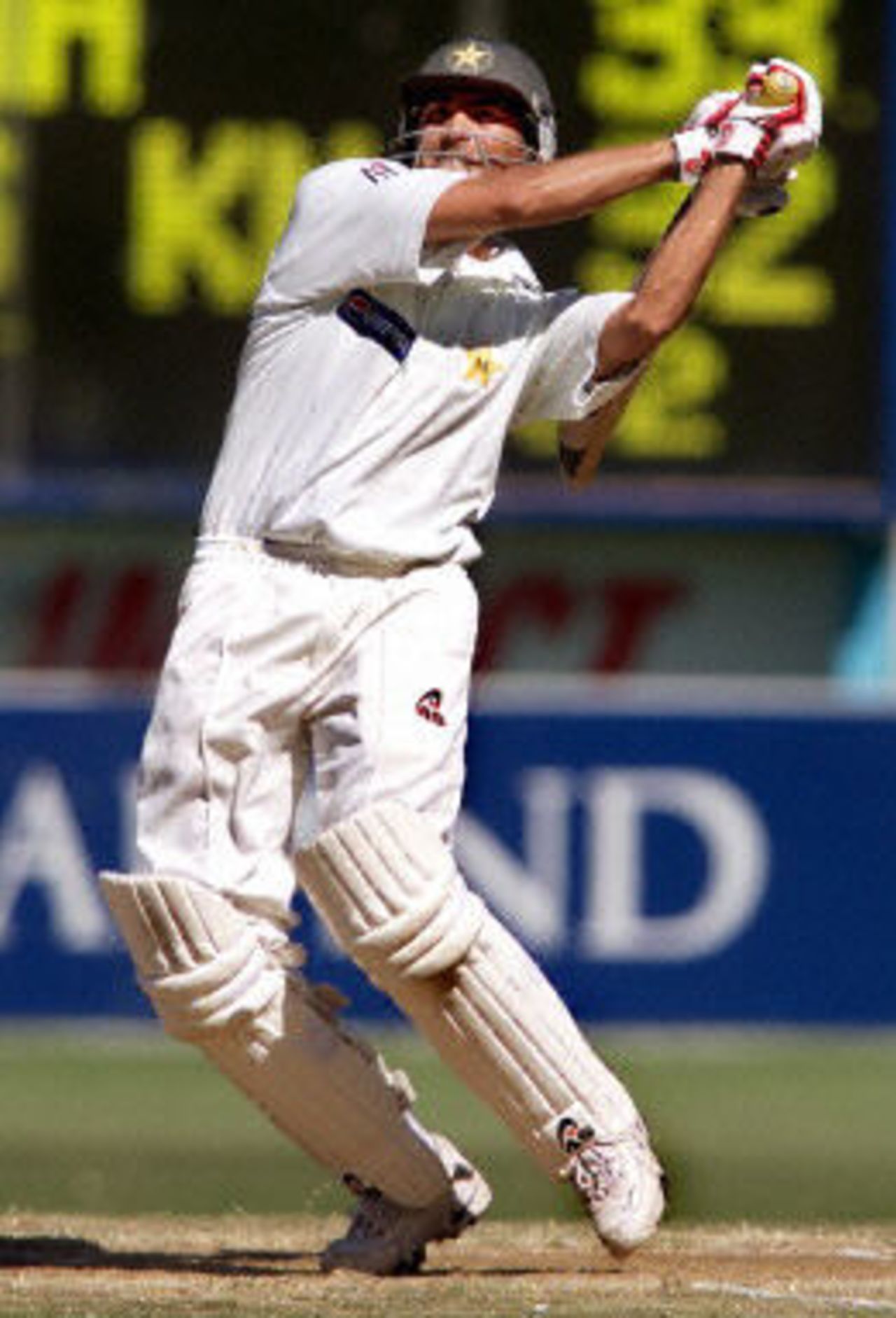Younis Khan hooks a ball over the boundary on the way to scoring his century, day 4, 1st Test at Eden Park in Auckland, 8-12 March 2001.