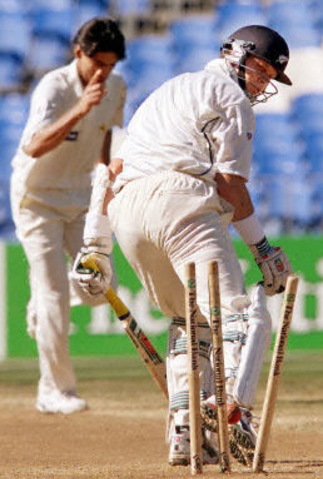 Mohammad Sami clean bowls Paul Wiseman on the way to capturing five second innings wickets and eight for the match in his test debut, day 5, 1st Test at Eden Park in Auckland, 8-12 March 2001.