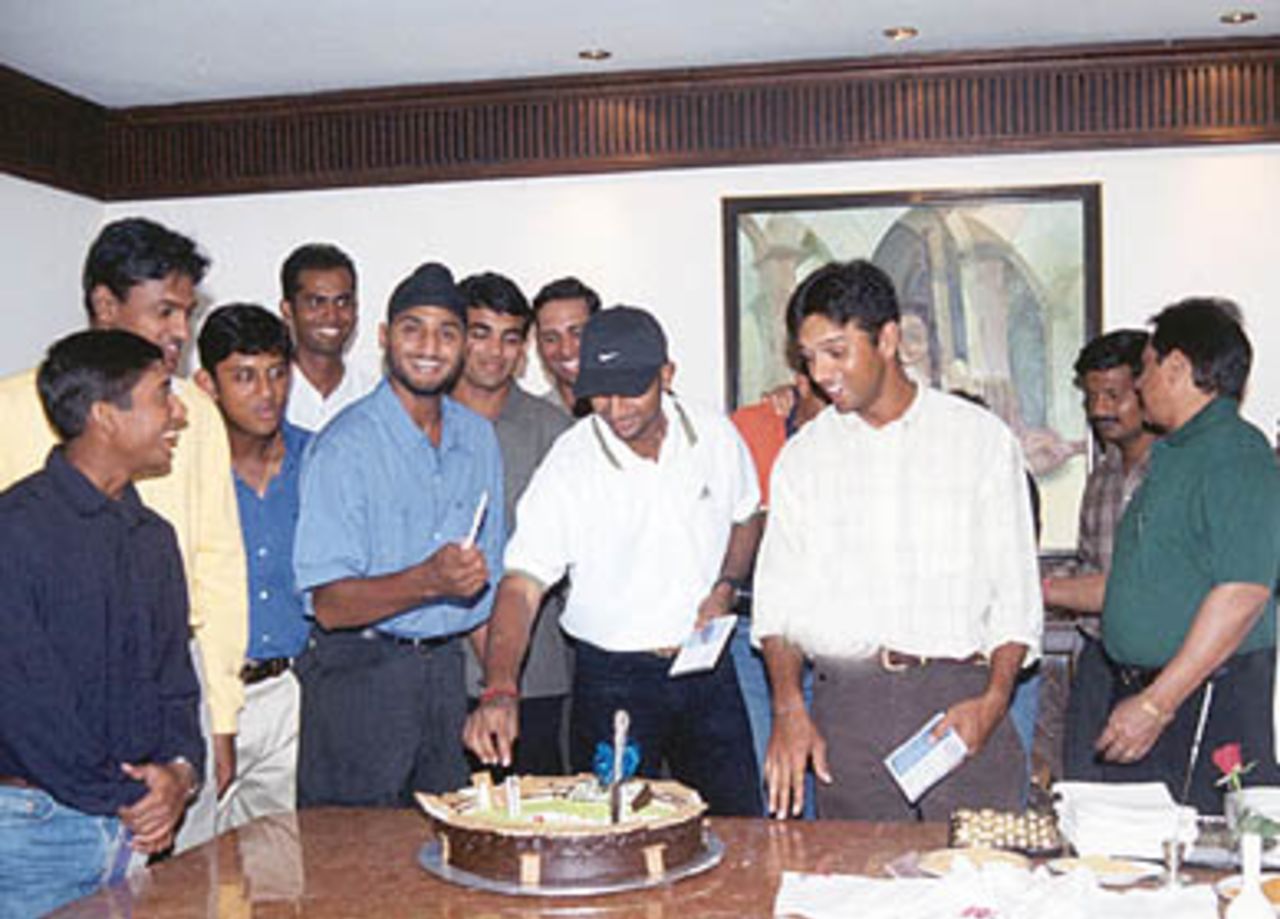 The Indian team celebrate the recovery of the Border-Gavaskar Trophy in style at the Taj Coromandel in Chennai, 22 March 2001.