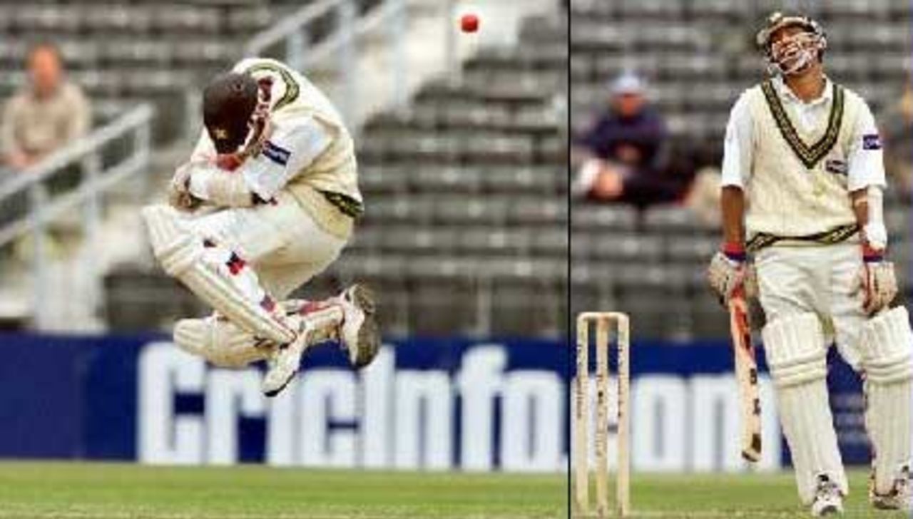 Yousuf Youhana takes evasive action to avoid a bouncer from paceman Daryl Tuffey and then laughs out, day 3, 2nd Test at Christchurch, 15-19 March 2001.