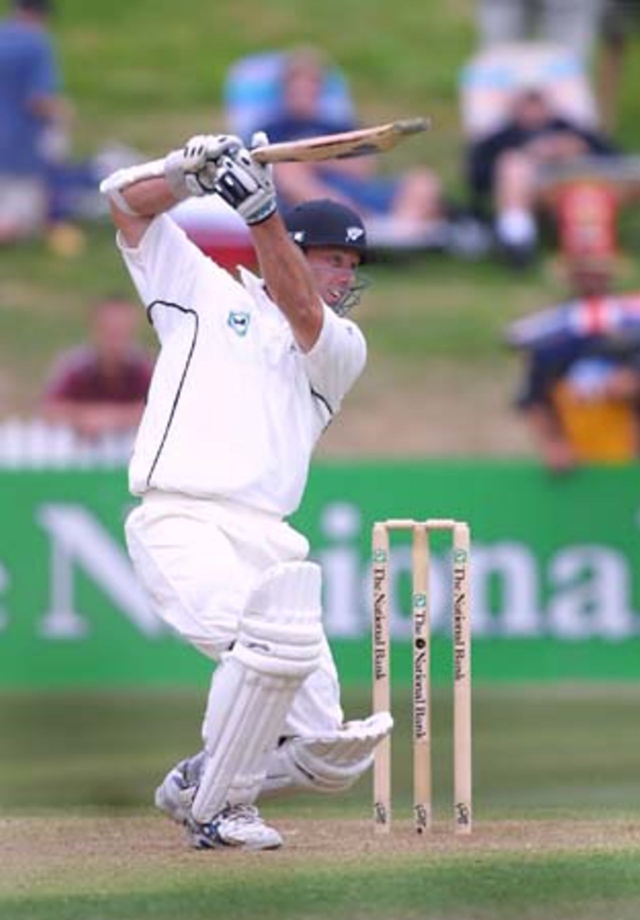 New Zealand opening batsman Mark Richardson square drives a ball during his first innings. Richardson ended the first day's play on 64 not out, his seventh half century in just his ninth Test. 3rd Test: New Zealand v Pakistan at WestpacTrust Park, Hamilton, 27-31 March 2001 (Day 1).