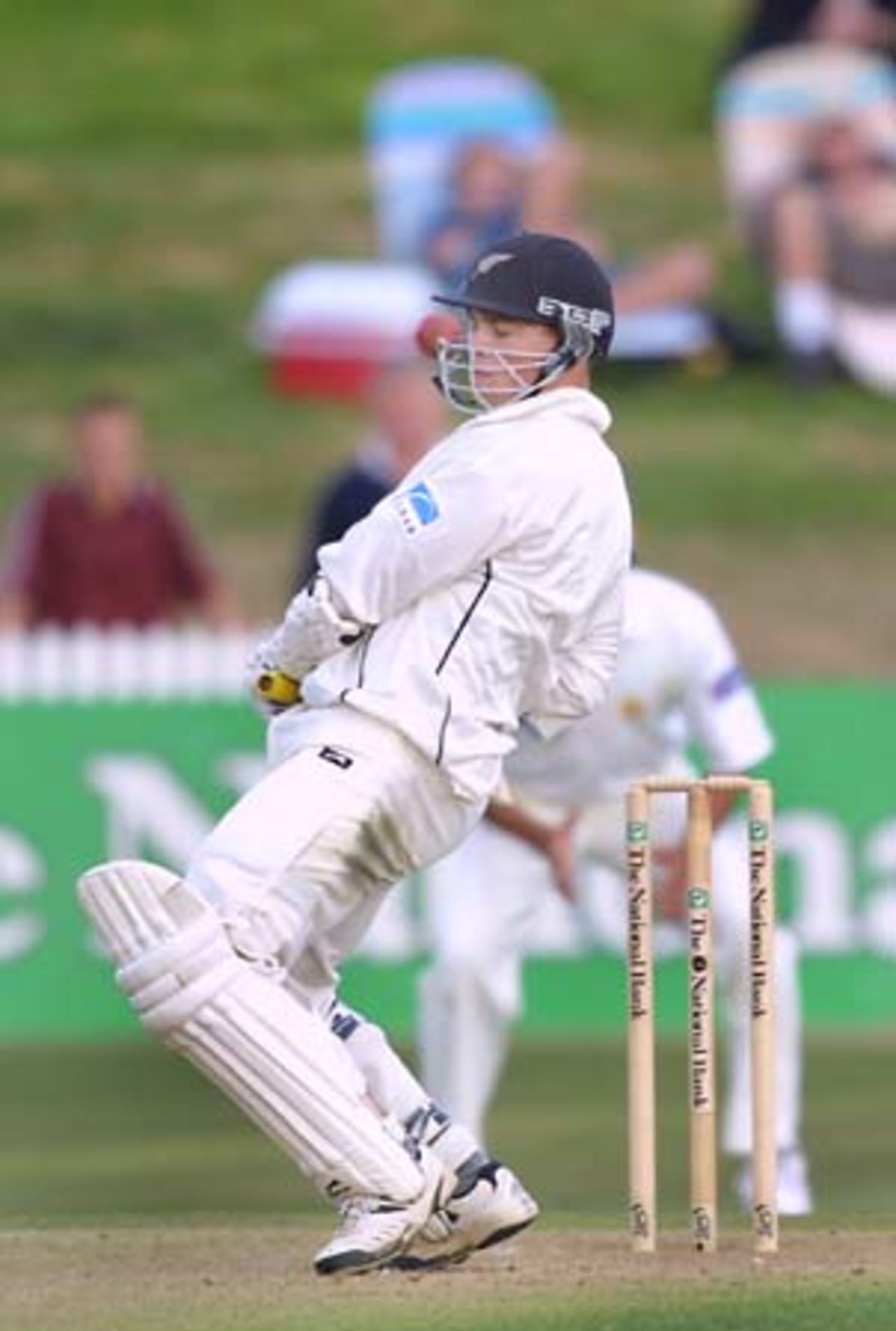 New Zealand opening batsman Matthew Bell sways back out of the way of a bouncer outside off stump during his first innings. Bell ended the first day's play on 89 not out, his highest Test score. 3rd Test: New Zealand v Pakistan at WestpacTrust Park, Hamilton, 27-31 March 2001 (Day 1).