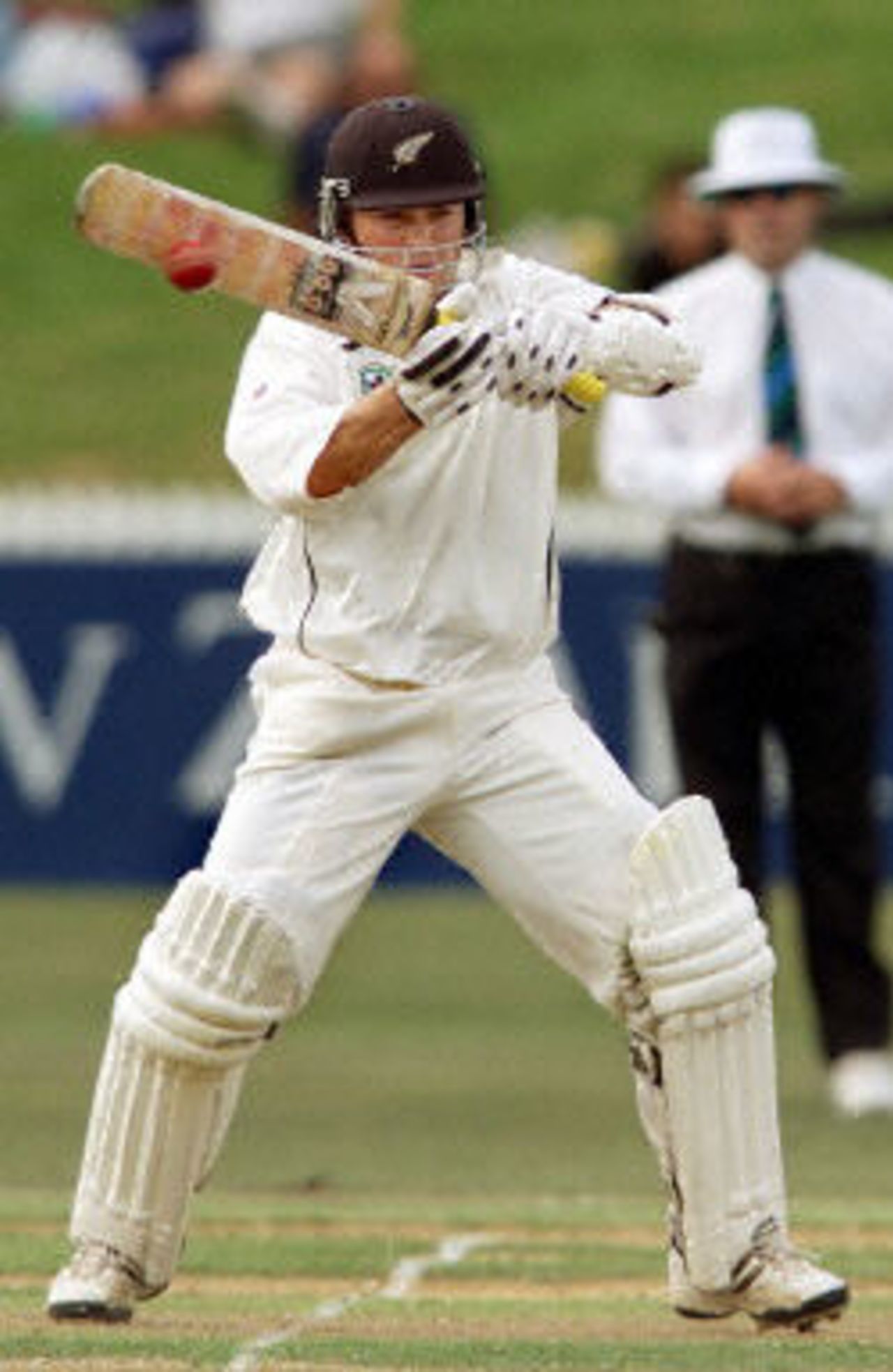 Matthew Bell smashes a delivery to the boundary, day 1, 3rd Test at Hamilton, 27-31 March 2001.