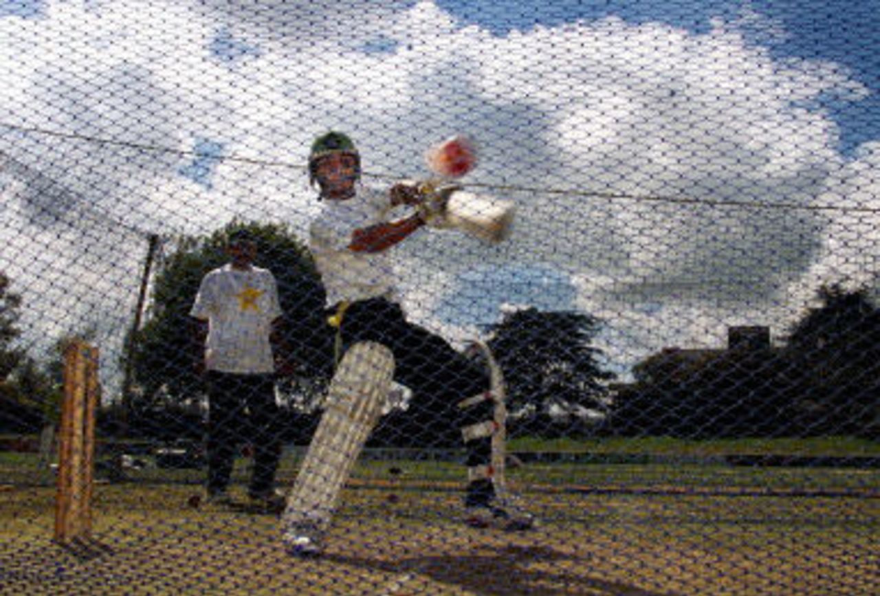 Faisal Iqbal is watched by his uncle, and coach Javed Miandad in the nets, day before, 3rd Test at Hamilton, 26 March 2001.