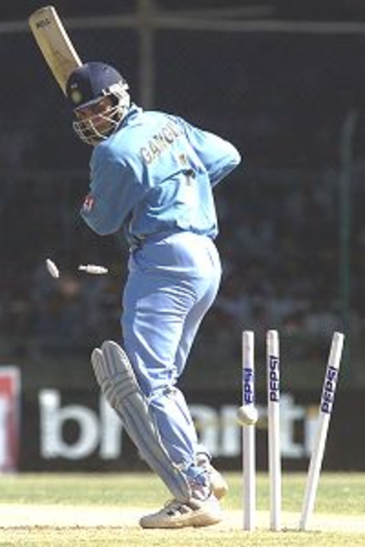 Saurav Ganguly of India is bowled by Glenn McGrath of Australia, during the 2nd One Day International between India and Australia, played at Nehru Stadium, Pune, India.