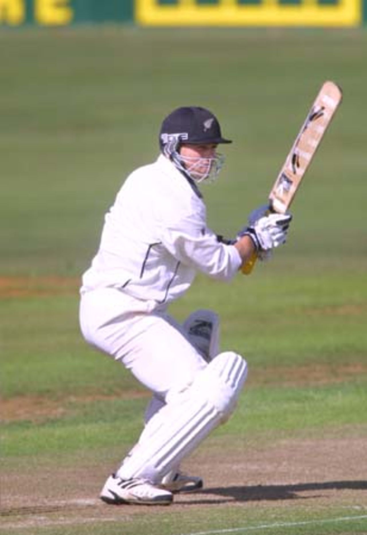 New Zealand opening batsman Matthew Bell plays a back cut during his first innings. Bell went on to score 105, his maiden Test century. 3rd Test: New Zealand v Pakistan at WestpacTrust Park, Hamilton, 27-31 March 2001 (Day 3).