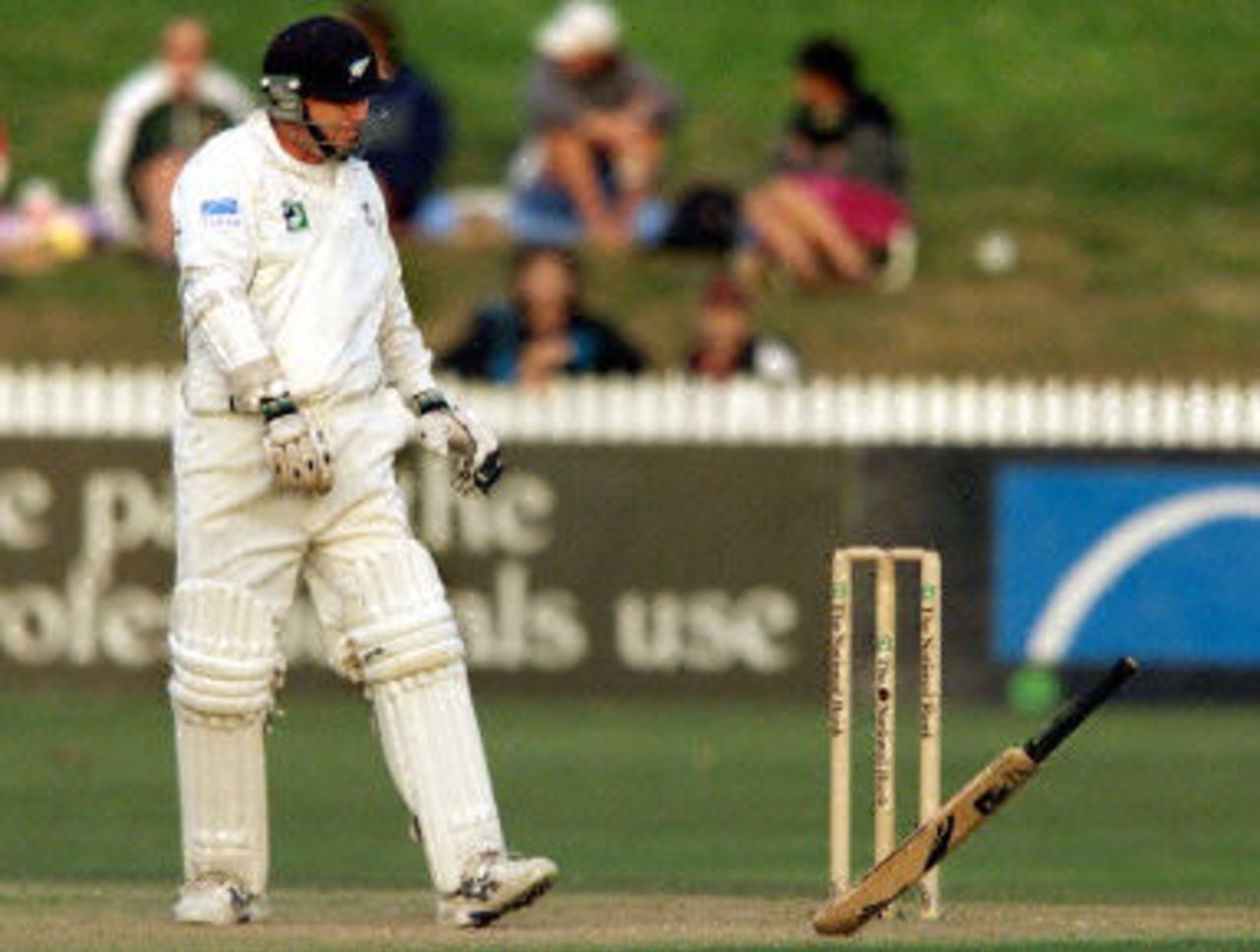 Mark Richardson drops his bat after being hit by a beamer by Fazl-e-Akbar, day 3, third Test, Hamilton 30 March 2001.