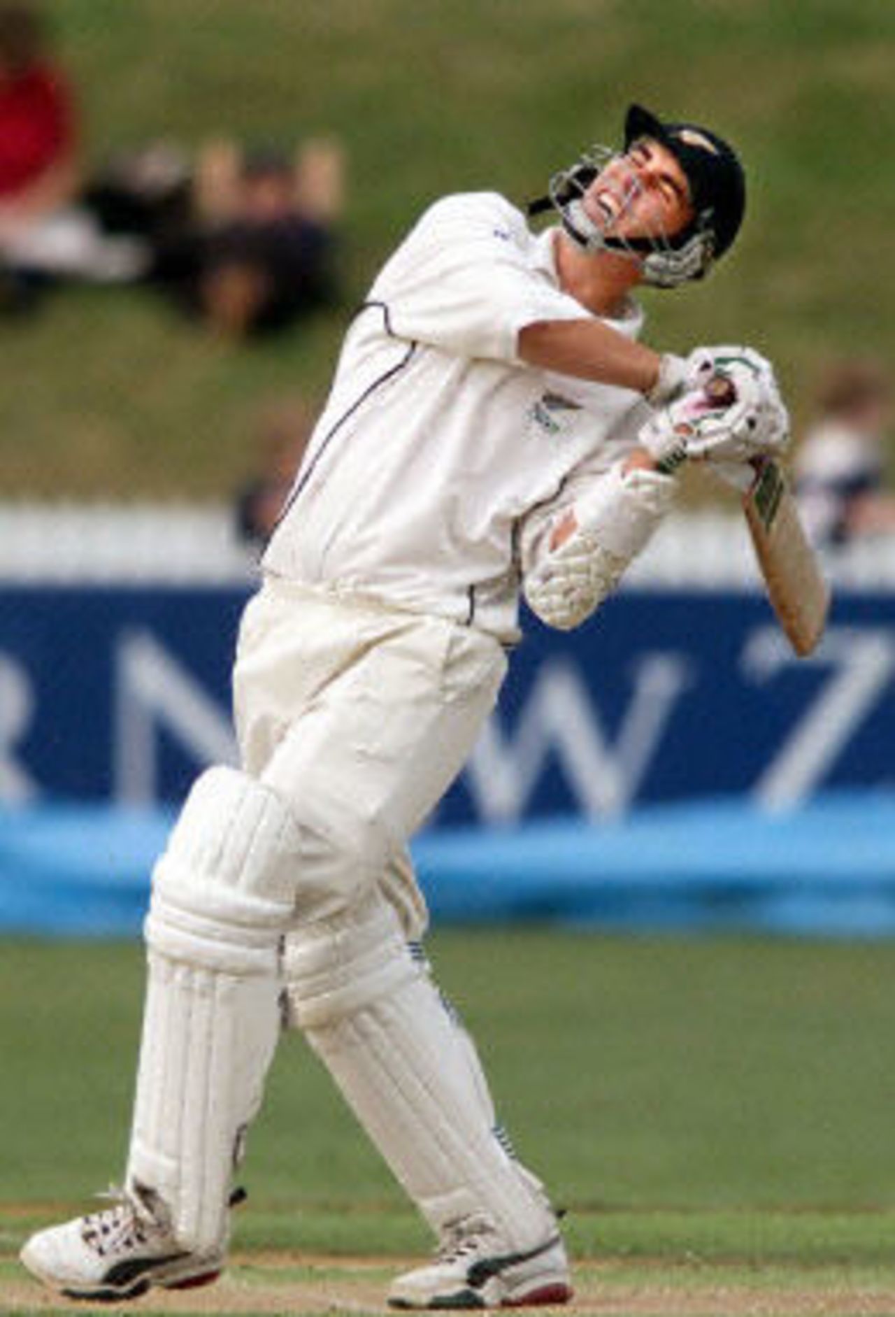 Mathew Sinclair shows disgust as he top edges a shot only to be caught by Waqar Younis, day 3, third Test, Hamilton 30 March 2001.